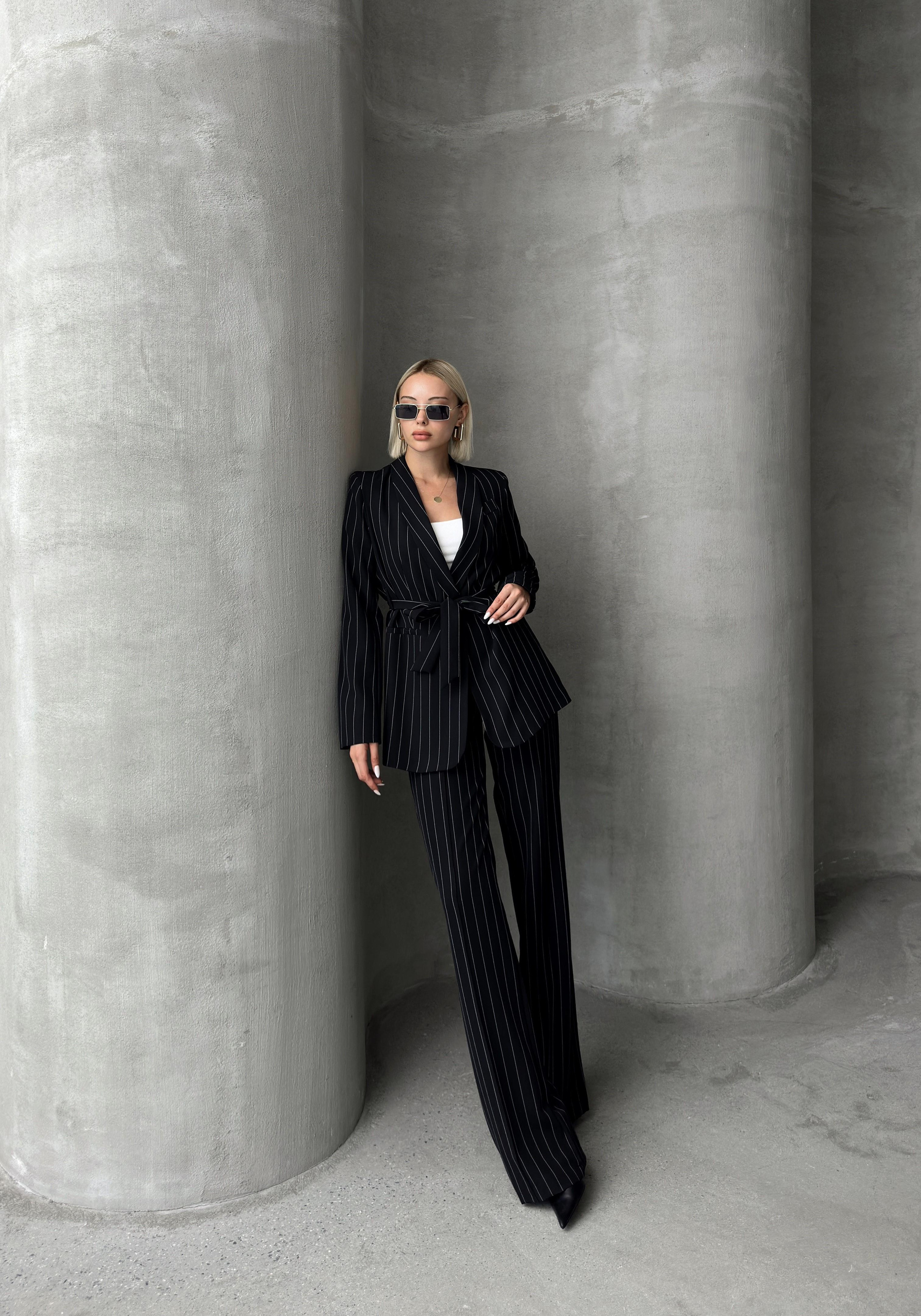 Şal Yaka Çizgi Desenli Ceket Pantolon Takım SİYAH 9259-TK
