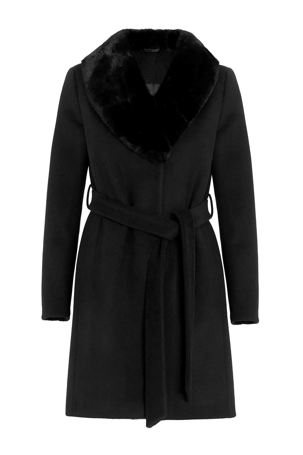 Şal Yaka Kürklü Belden Bağlamalı Kaban SİYAH 3093