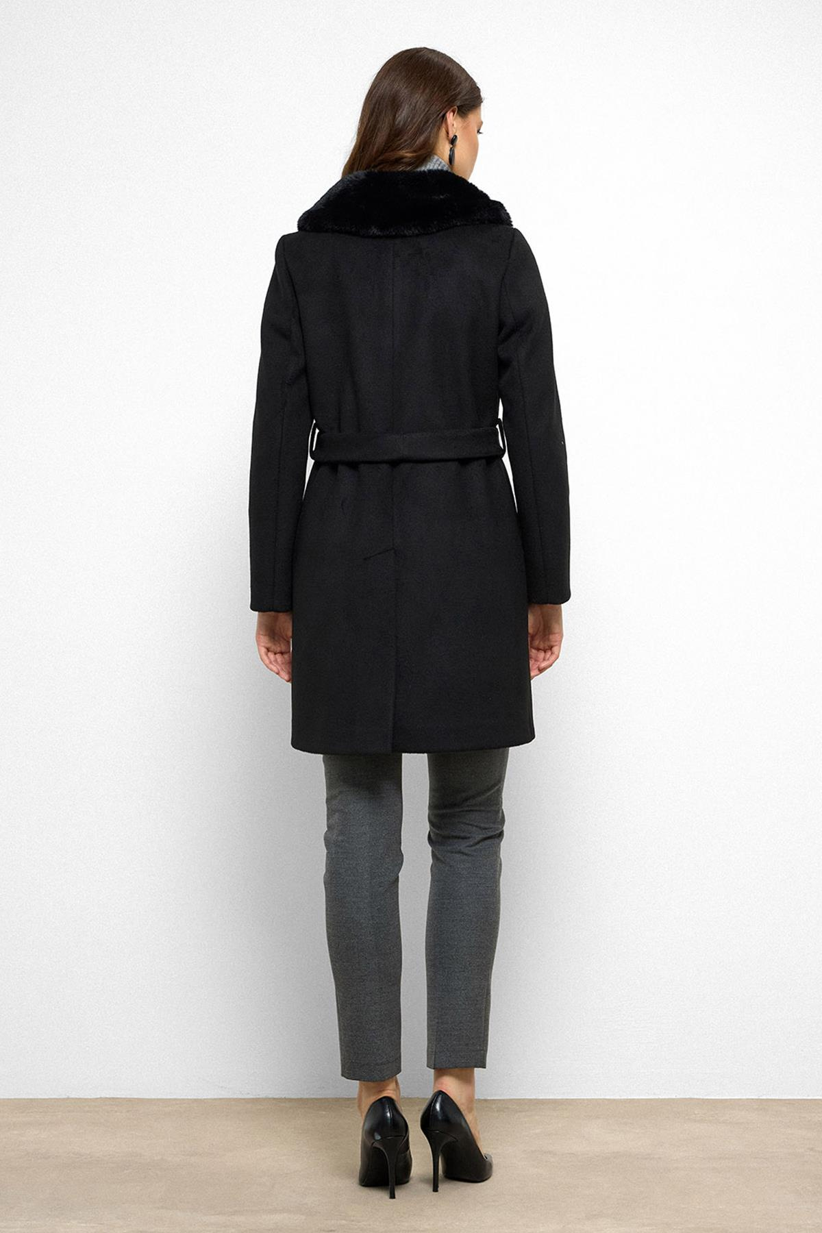 Şal Yaka Kürklü Belden Bağlamalı Kaban SİYAH 3093