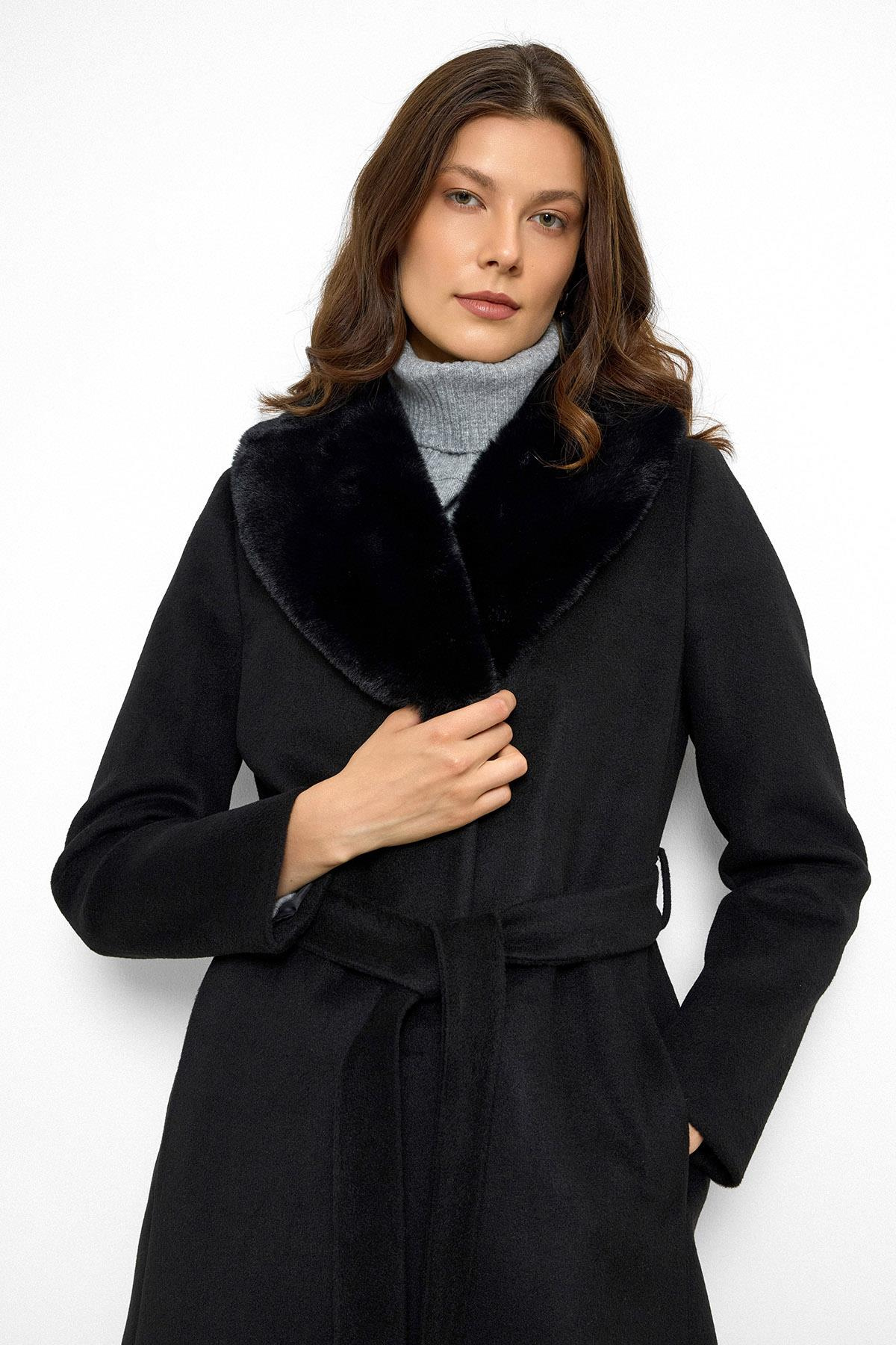 Şal Yaka Kürklü Belden Bağlamalı Kaban SİYAH 3093