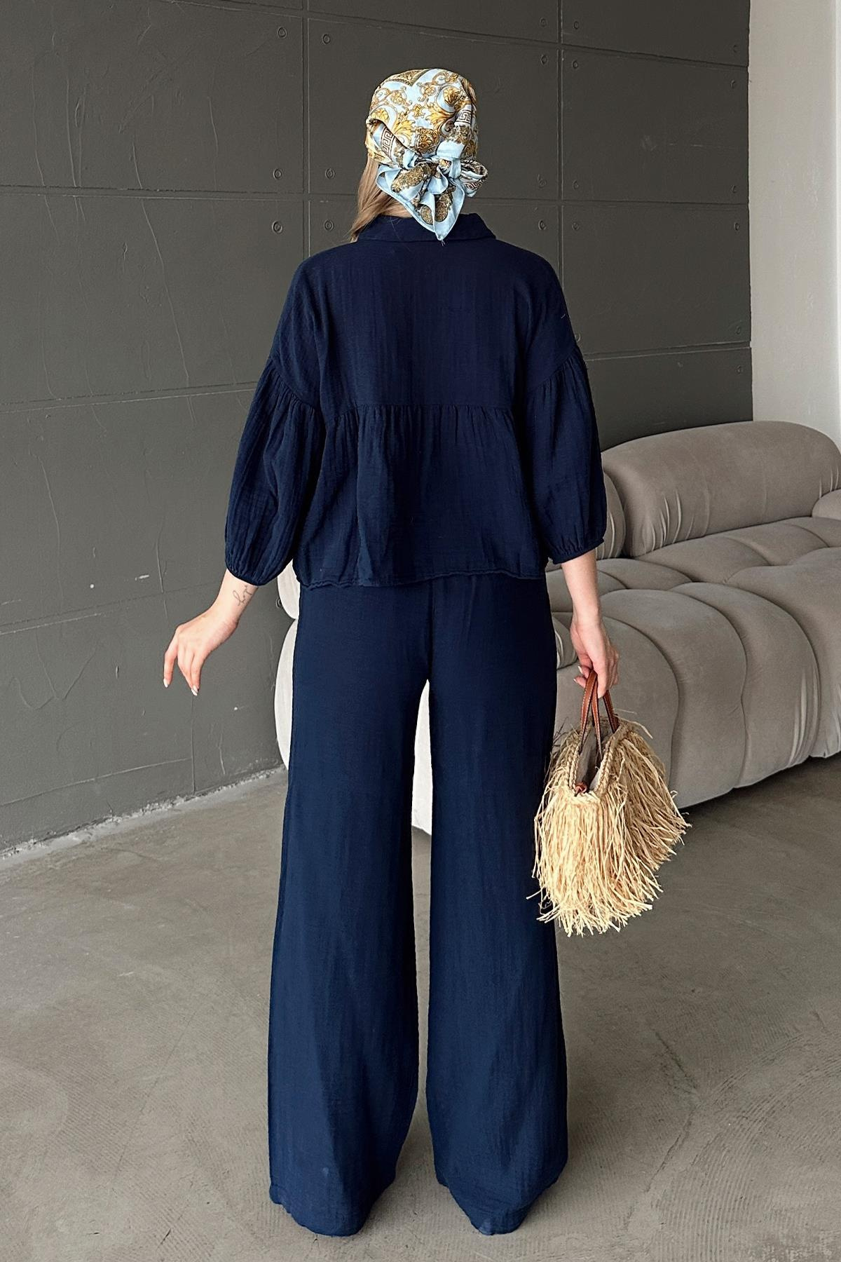 Salaş Kısa Gömlekli İkili Müslin Takım LACİVERT 9355-TK