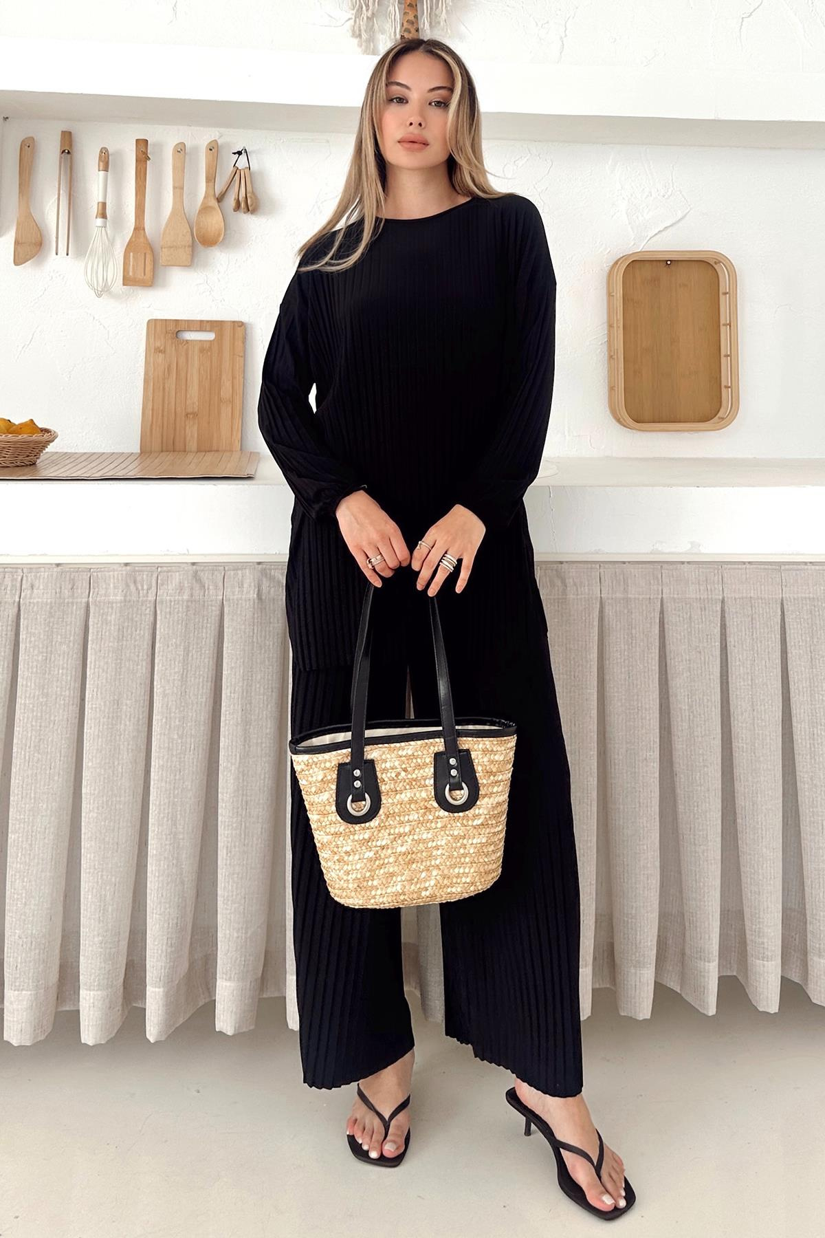 Sandy Kumaş Pliseli Tunik Pantolon İkili Takım SİYAH 9361-TK