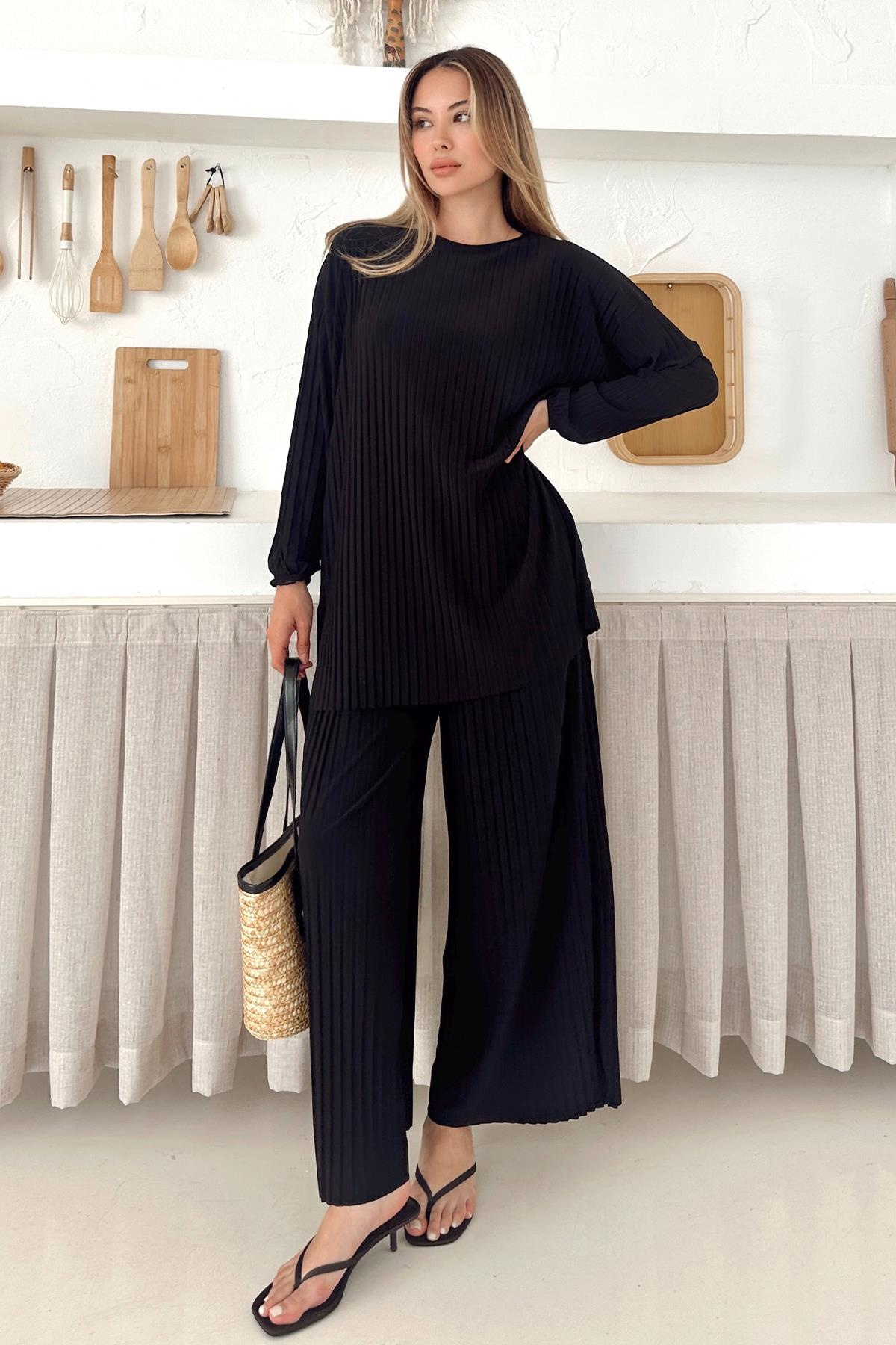 Sandy Kumaş Pliseli Tunik Pantolon İkili Takım SİYAH 9361-TK