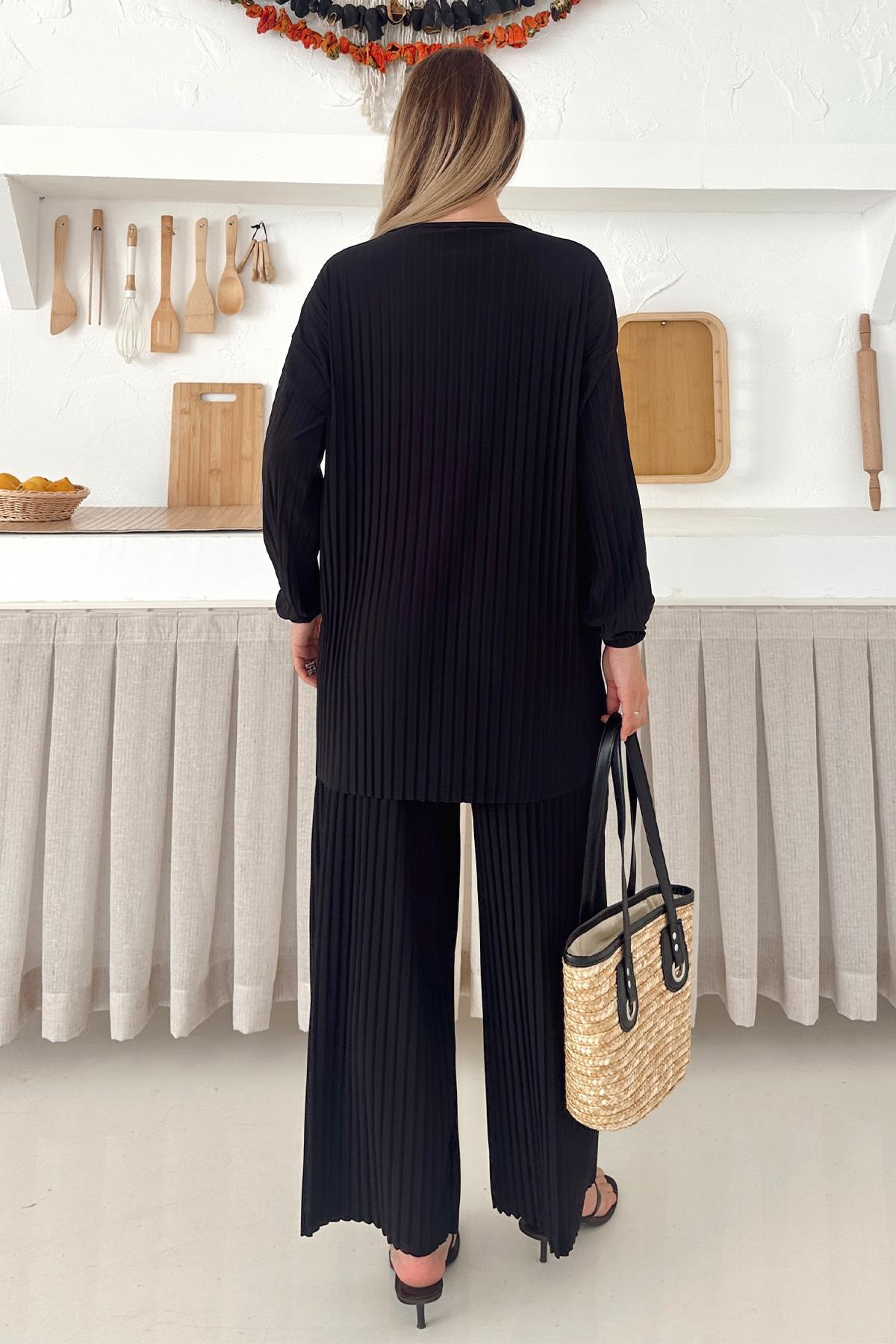 Sandy Kumaş Pliseli Tunik Pantolon İkili Takım SİYAH 9361-TK
