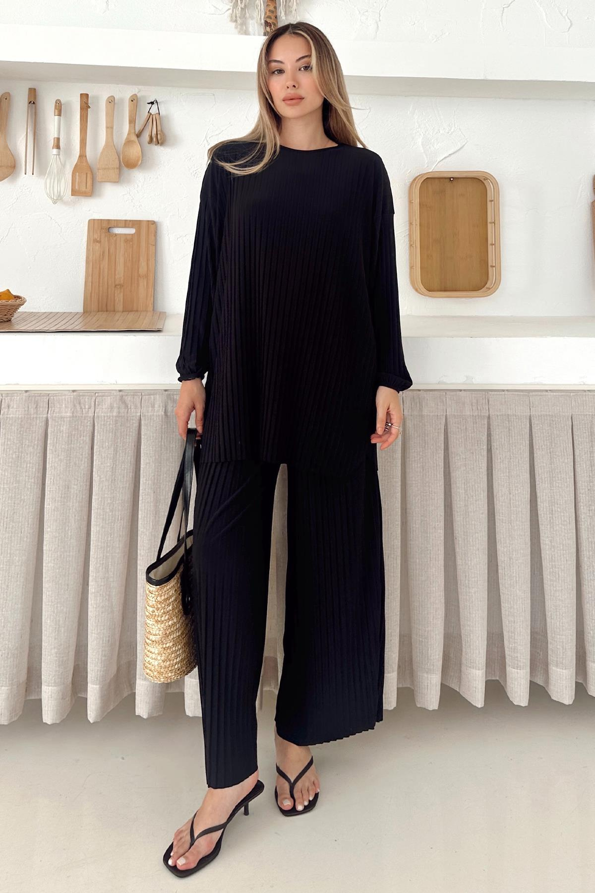 Sandy Kumaş Pliseli Tunik Pantolon İkili Takım SİYAH 9361-TK