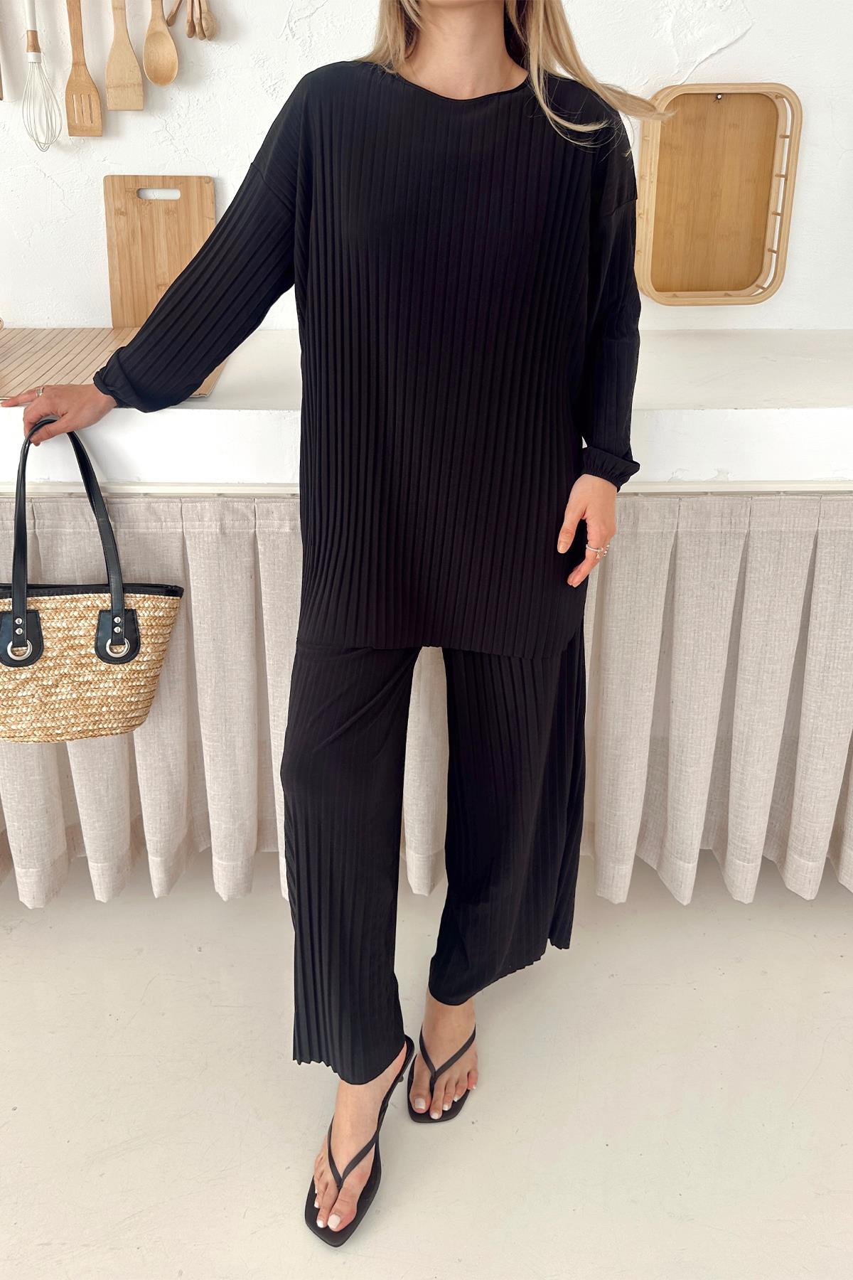 Sandy Kumaş Pliseli Tunik Pantolon İkili Takım SİYAH 9361-TK