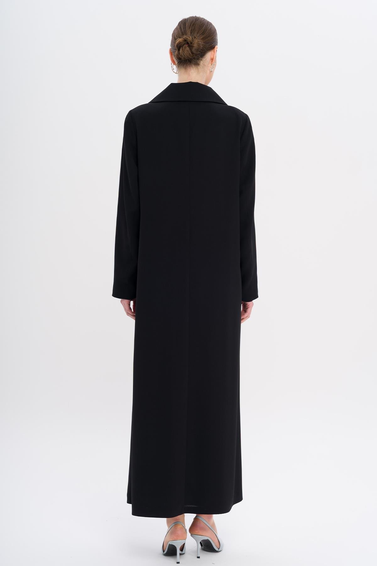 Saten Garnili Düğmeleri Taşlı Astarlı Büyük Beden Pardesü SİYAH 6719