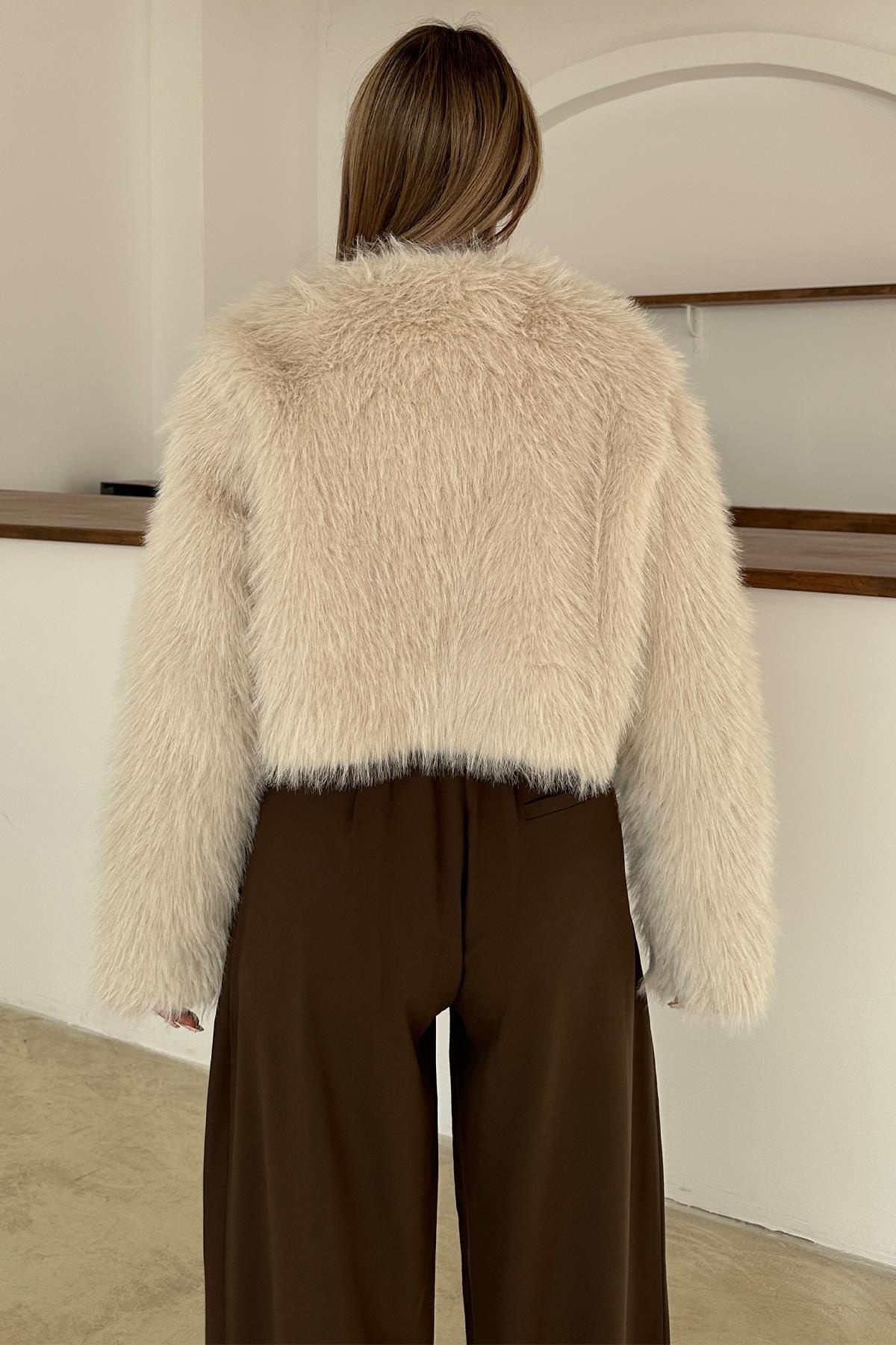 Sıfır Yaka Crop Suni Kürk Ceket TAŞ 1014