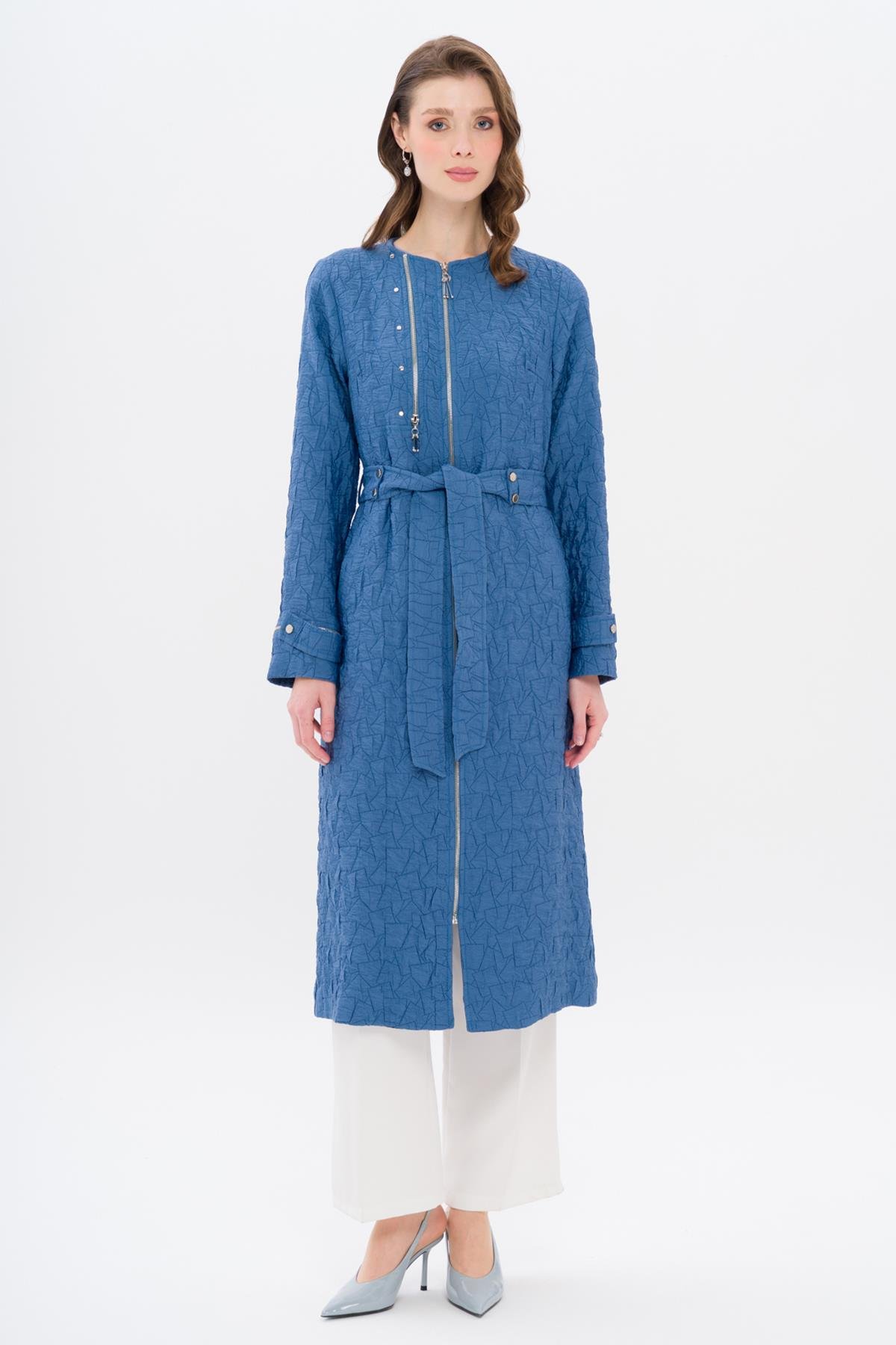 Crew Neck Zipper Detailed Quilted Patterned Lightweight Coat İNDİGO 6707