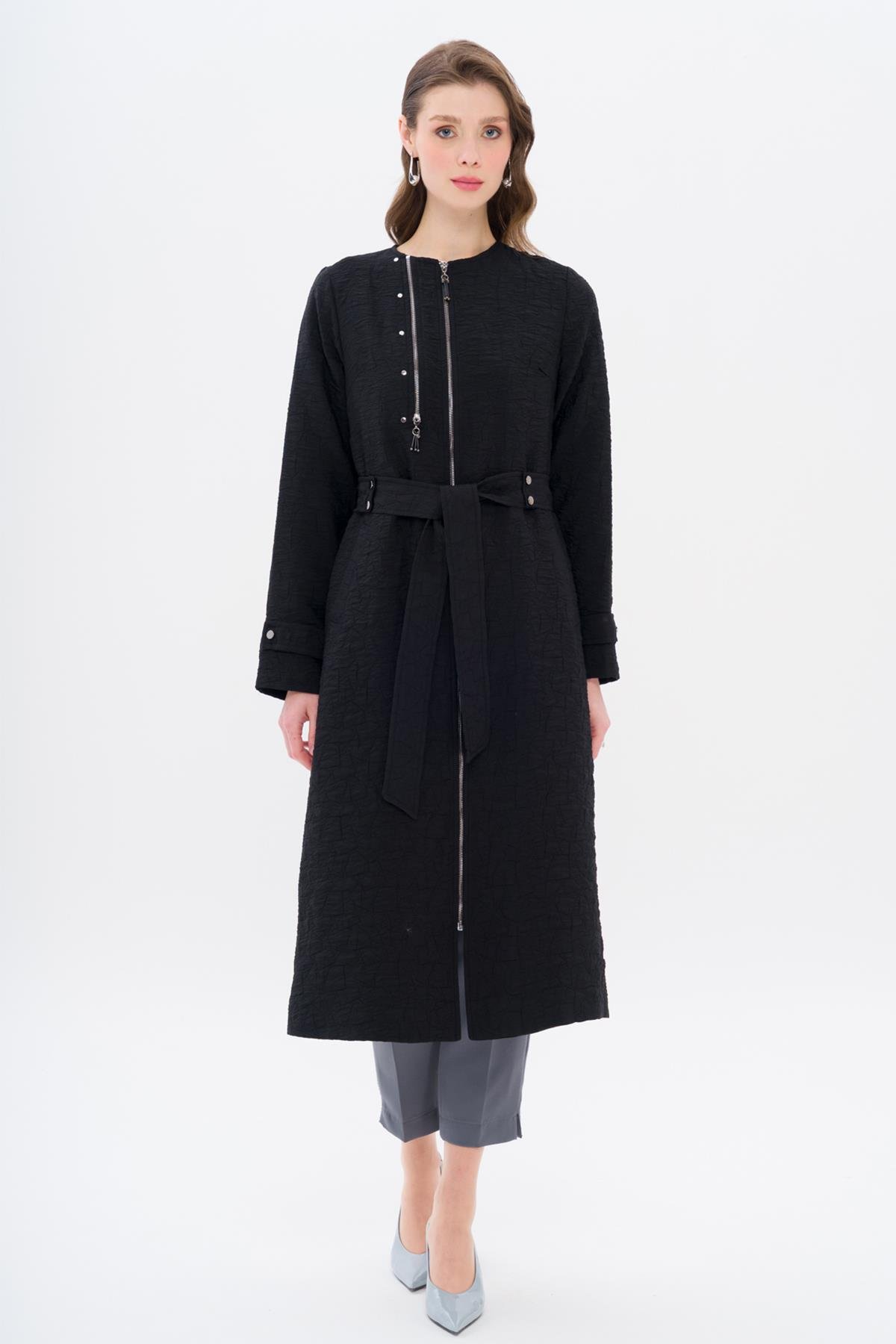 Crew Neck Zipper Detailed Quilted Patterned Lightweight Coat BLACK 6707