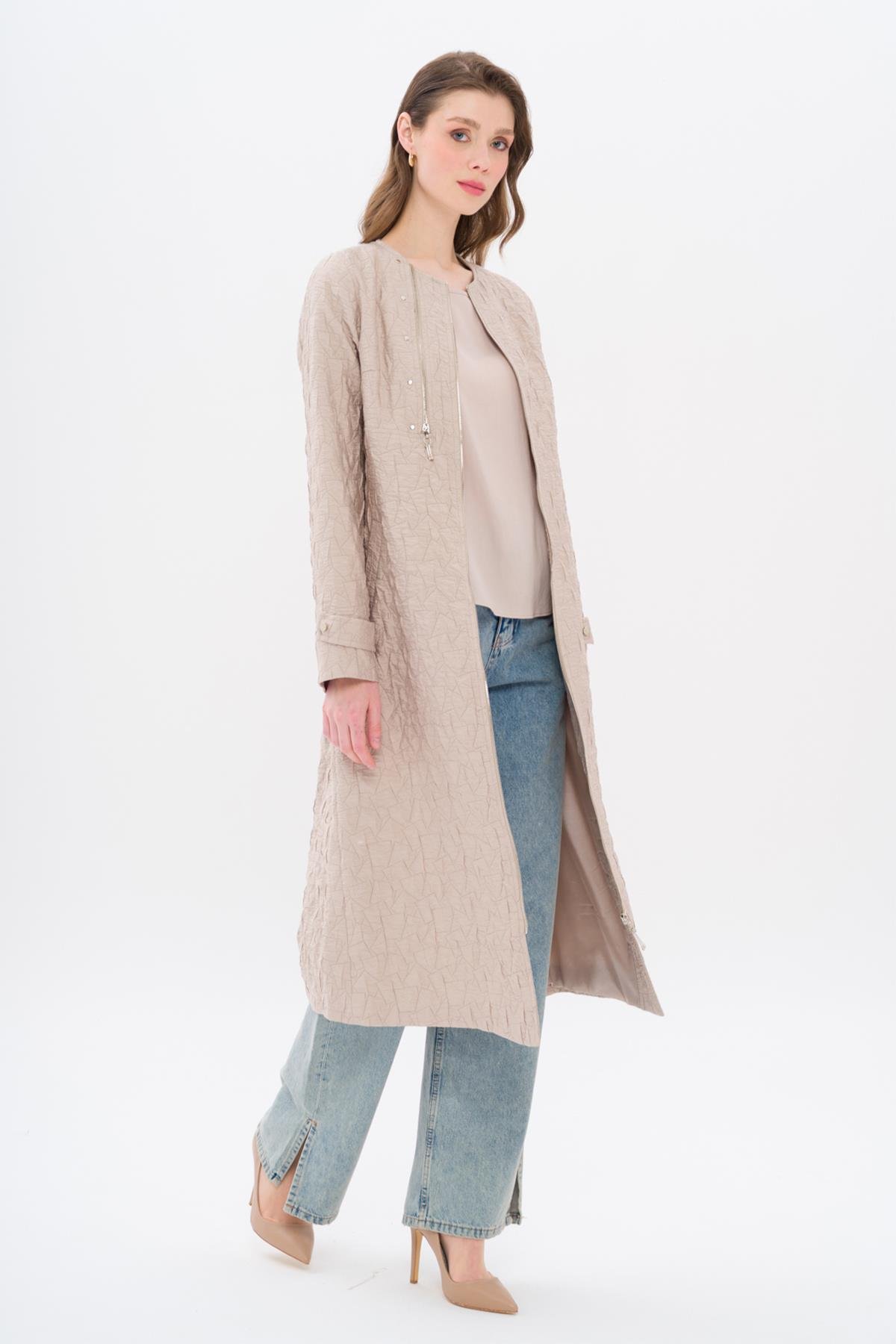 Crew Neck Zipper Detailed Quilted Patterned Lightweight Coat STONE 6707