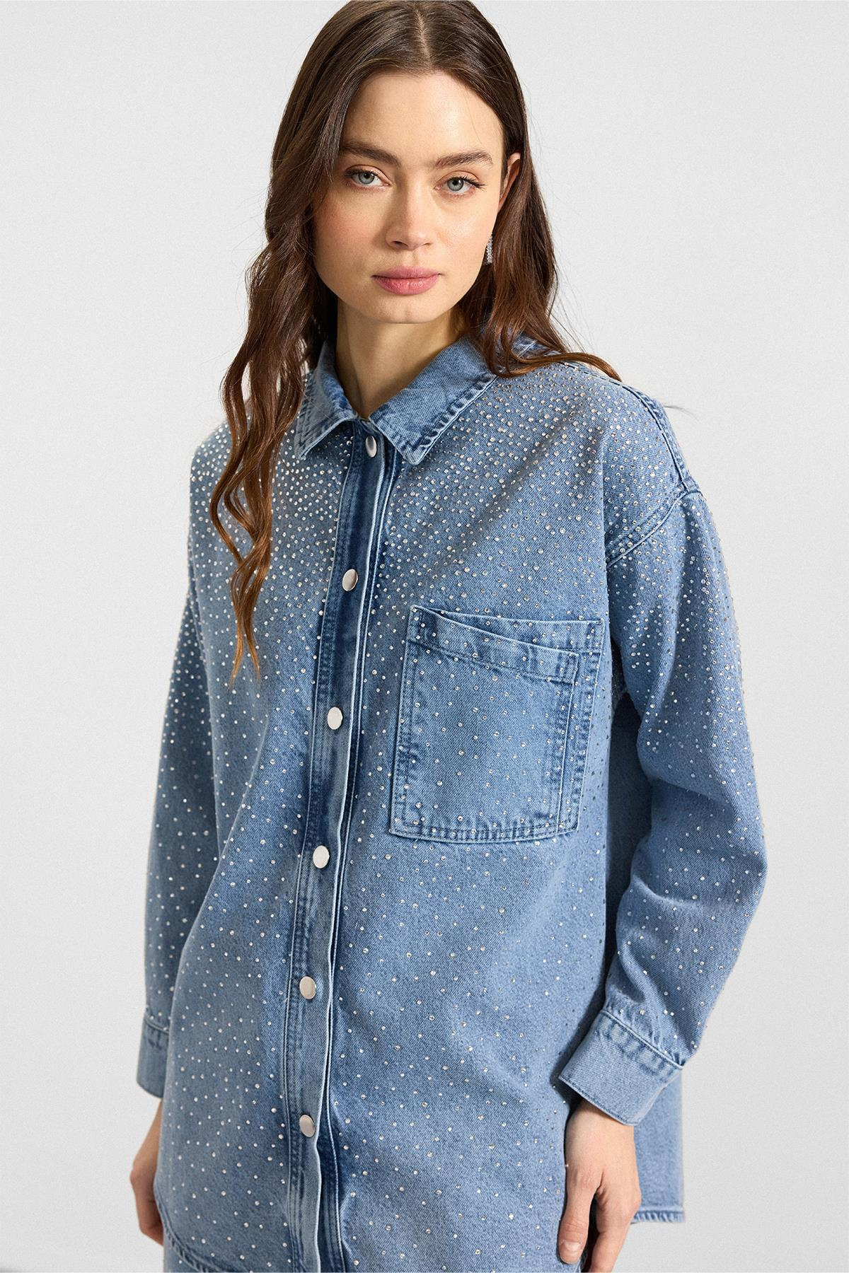 Taş Bezeli Ceket Pantolon Denim İkili Takım AÇIK MAVİ 9387-TK