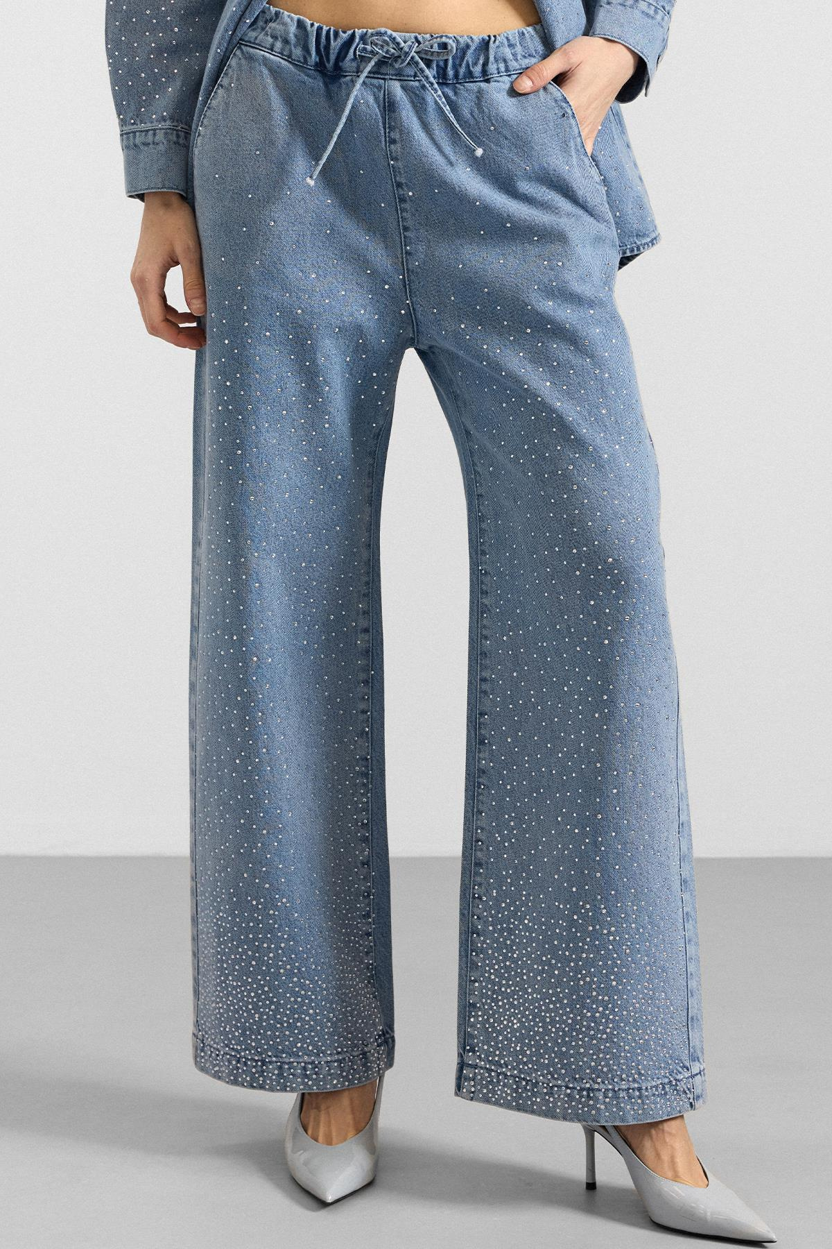 Taş Bezeli Ceket Pantolon Denim İkili Takım AÇIK MAVİ 9387-TK