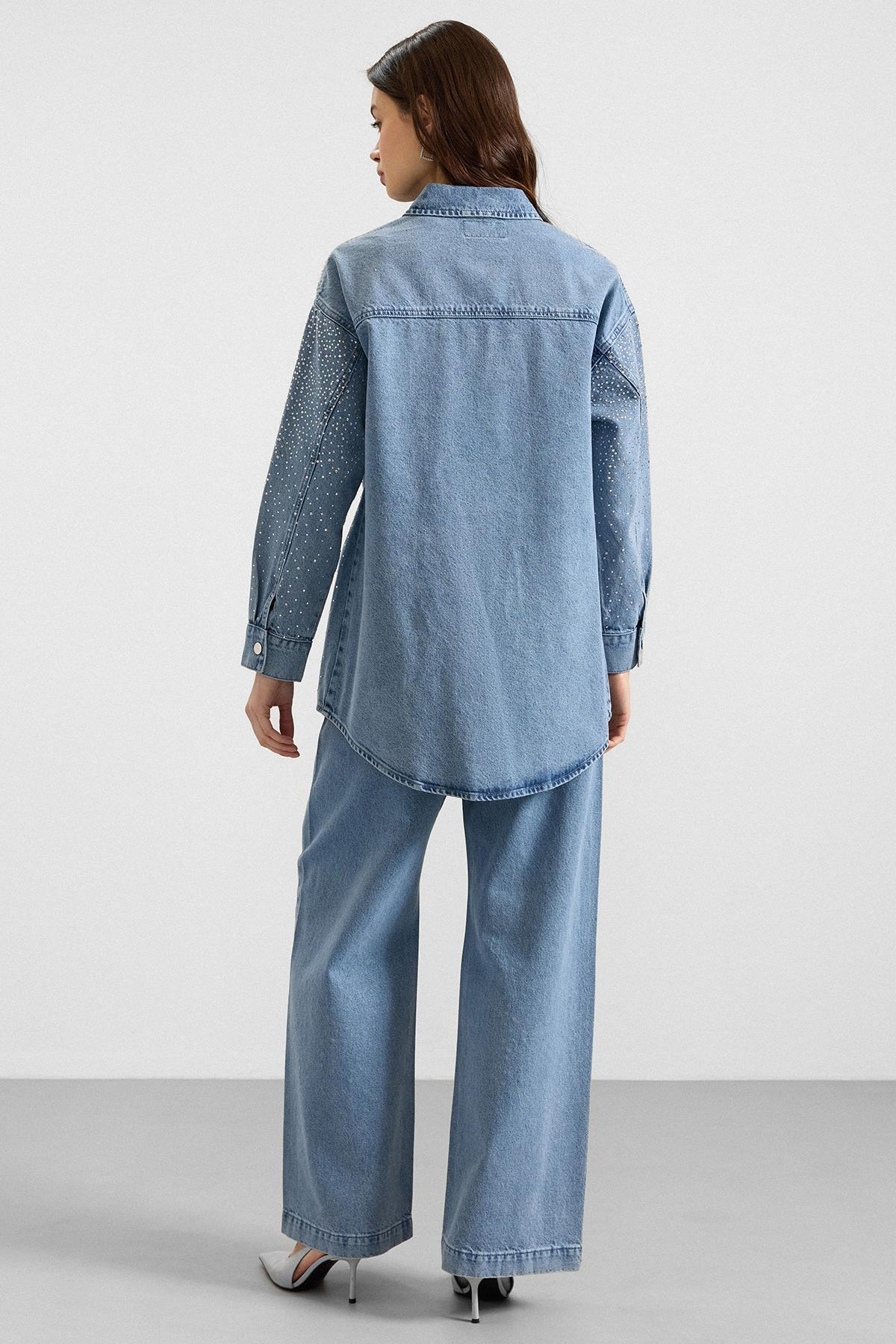 Taş Bezeli Ceket Pantolon Denim İkili Takım AÇIK MAVİ 9387-TK