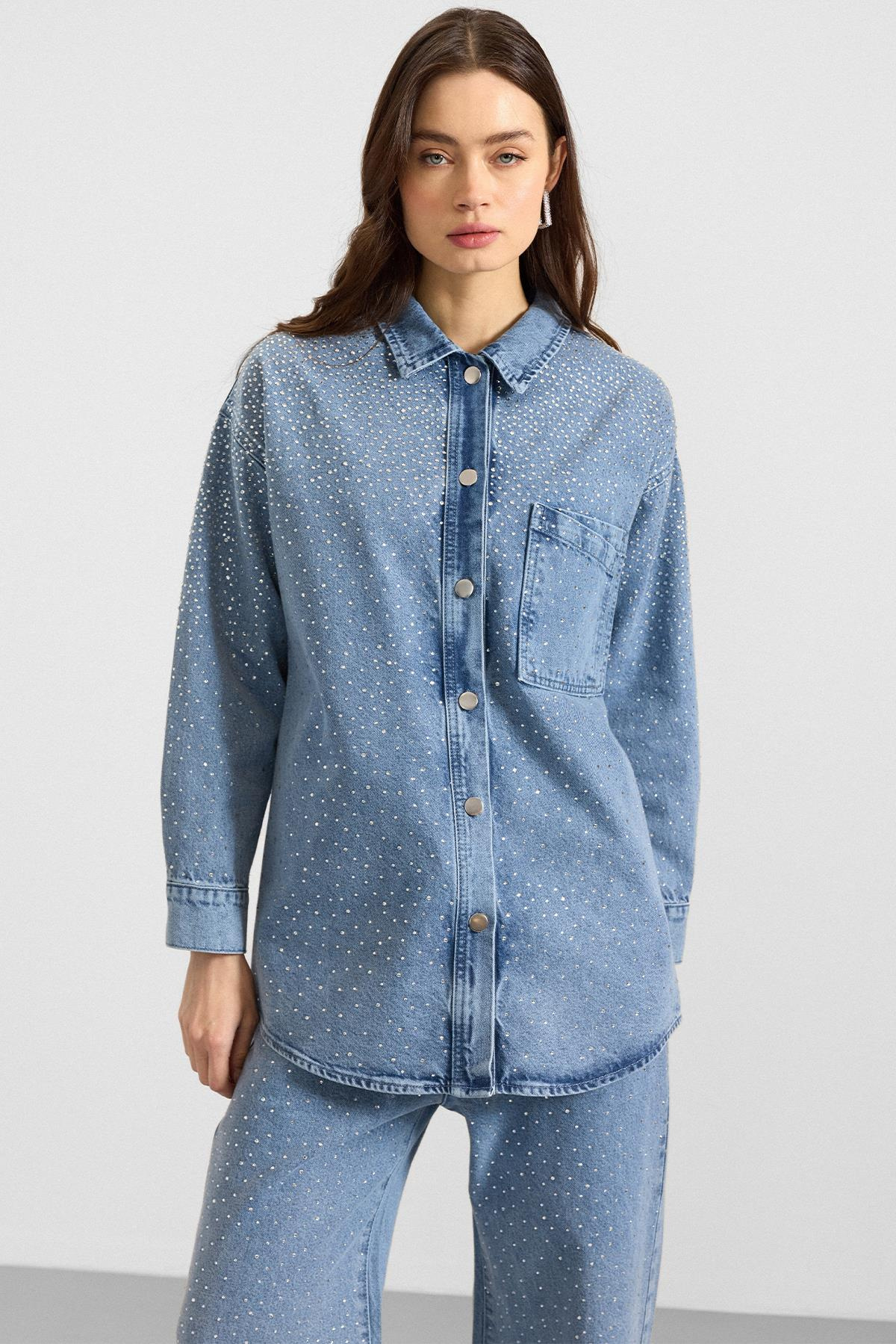 Taş Bezeli Ceket Pantolon Denim İkili Takım AÇIK MAVİ 9387-TK