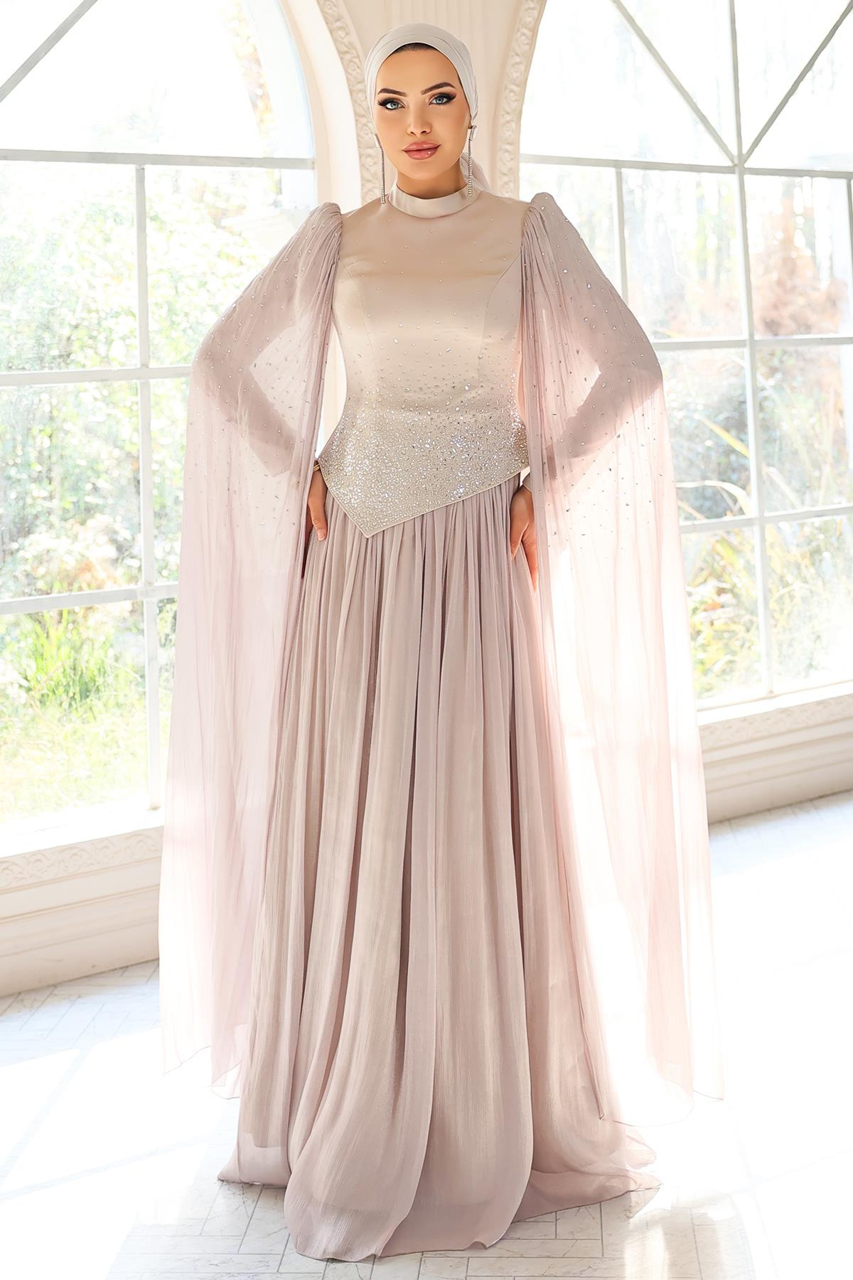 Taş Bezeli Pilise ve Pelerin Detaylı Saten-Yoryo İpek Tesettür Abiye Elbise TAŞ 1054