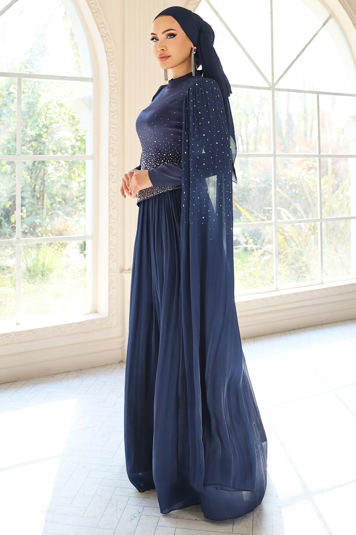 Taş Bezeli Pilise ve Pelerin Detaylı Saten-Yoryo İpek Tesettür Abiye Elbise LACİVERT 1054