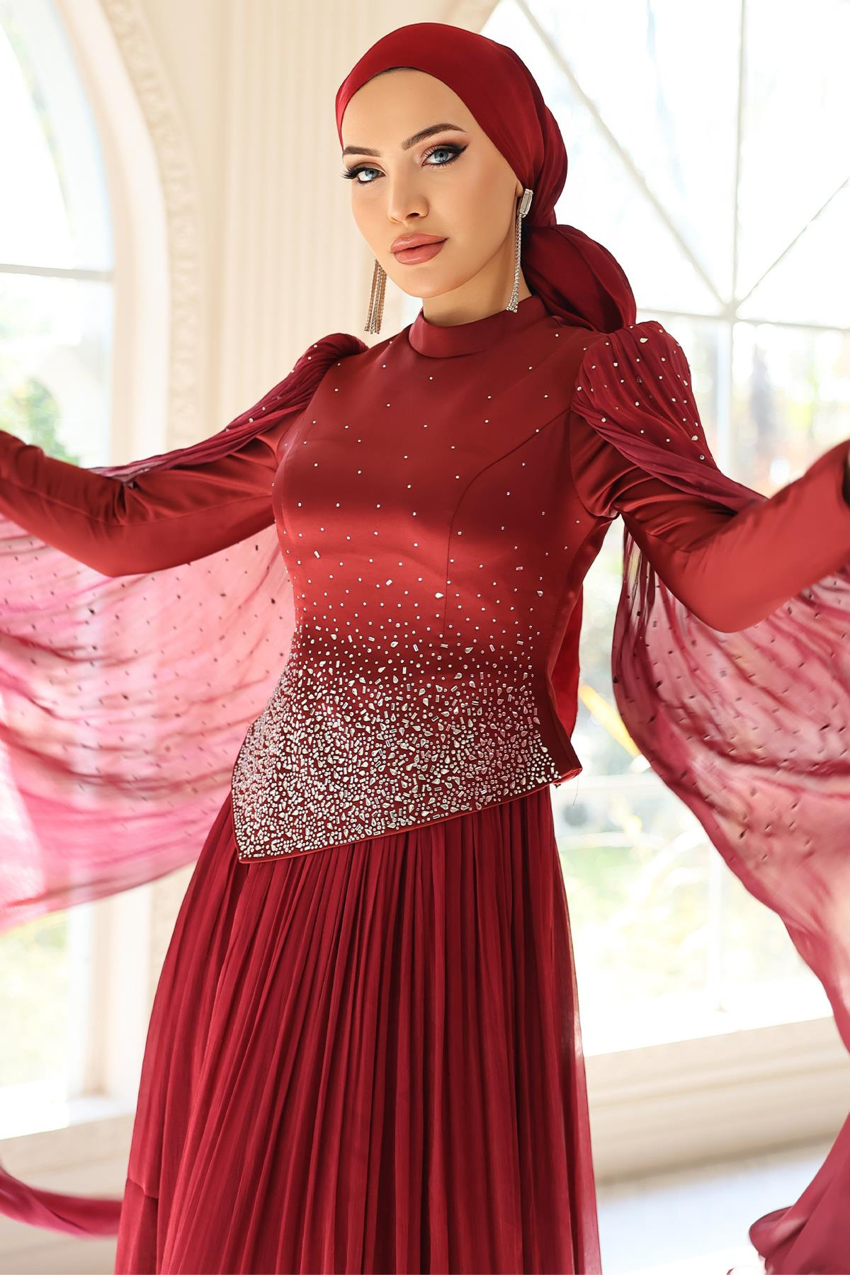 Taş Bezeli Pilise ve Pelerin Detaylı Saten-Yoryo İpek Tesettür Abiye Elbise BORDO 1054