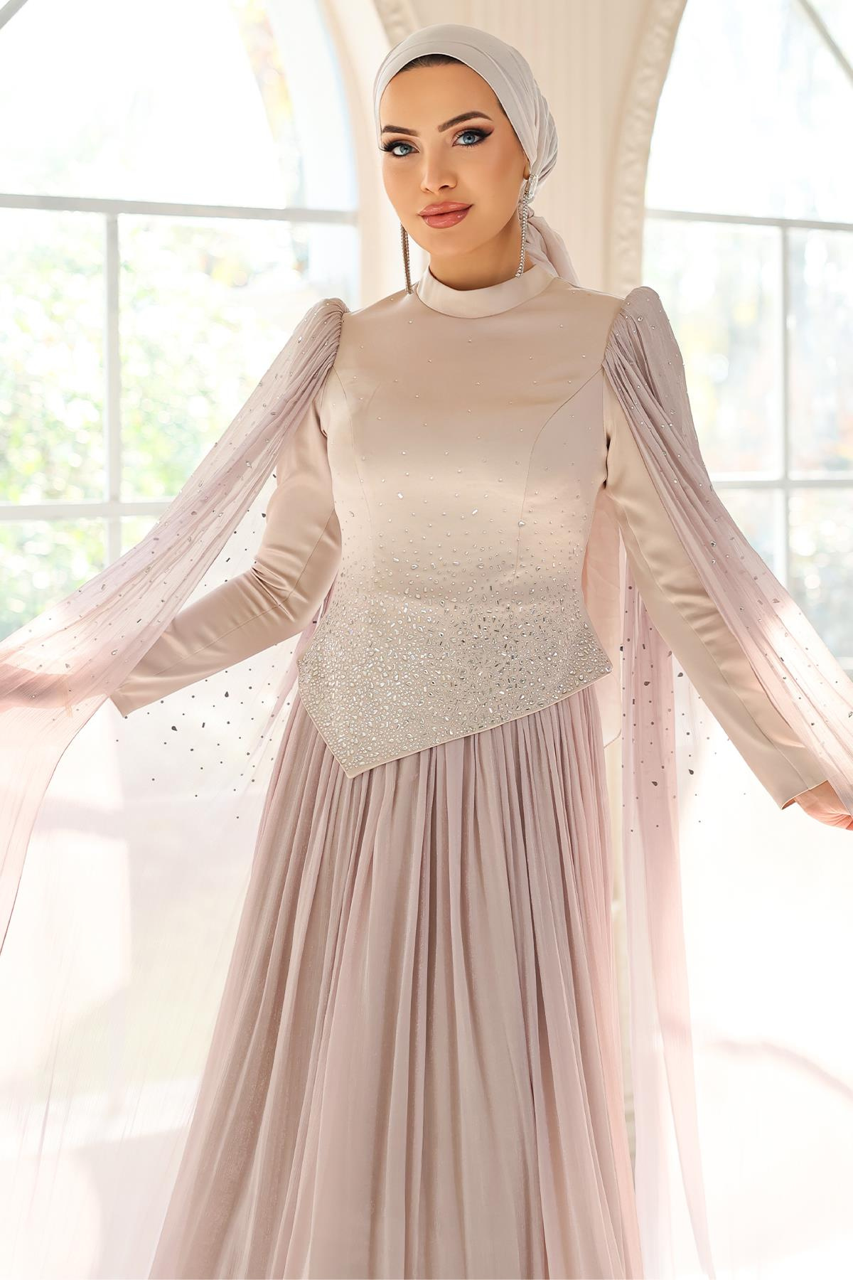 Taş Bezeli Pilise ve Pelerin Detaylı Saten-Yoryo İpek Tesettür Abiye Elbise TAŞ 1054