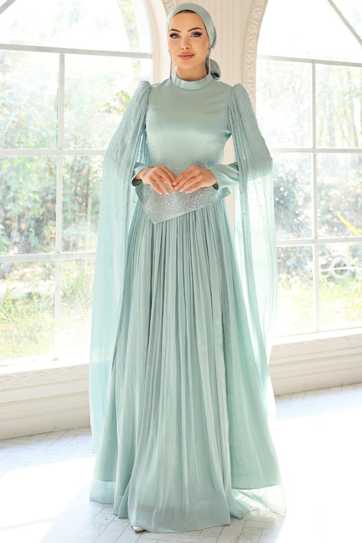 Taş Bezeli Pilise ve Pelerin Detaylı Saten-Yoryo İpek Tesettür Abiye Elbise MİNT 1054