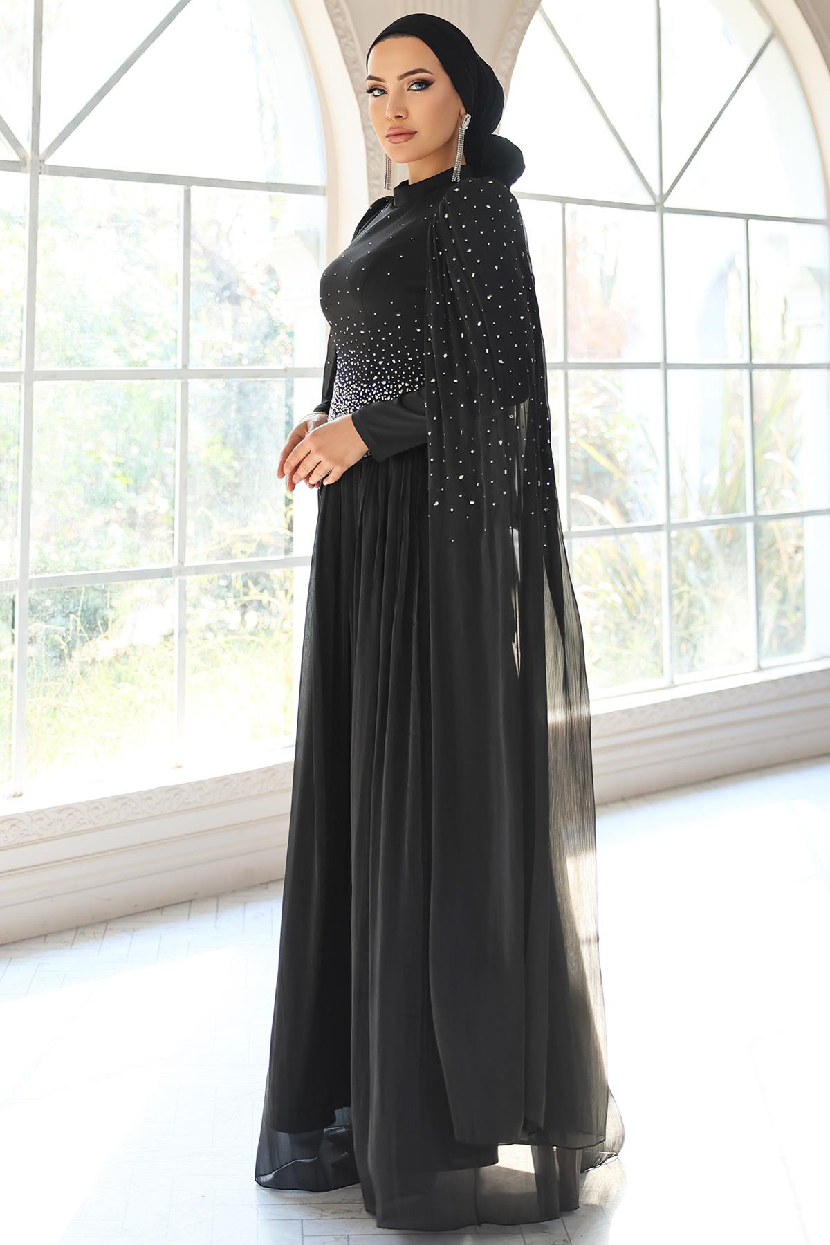 Taş Bezeli Pilise ve Pelerin Detaylı Saten-Yoryo İpek Tesettür Abiye Elbise SİYAH 1054