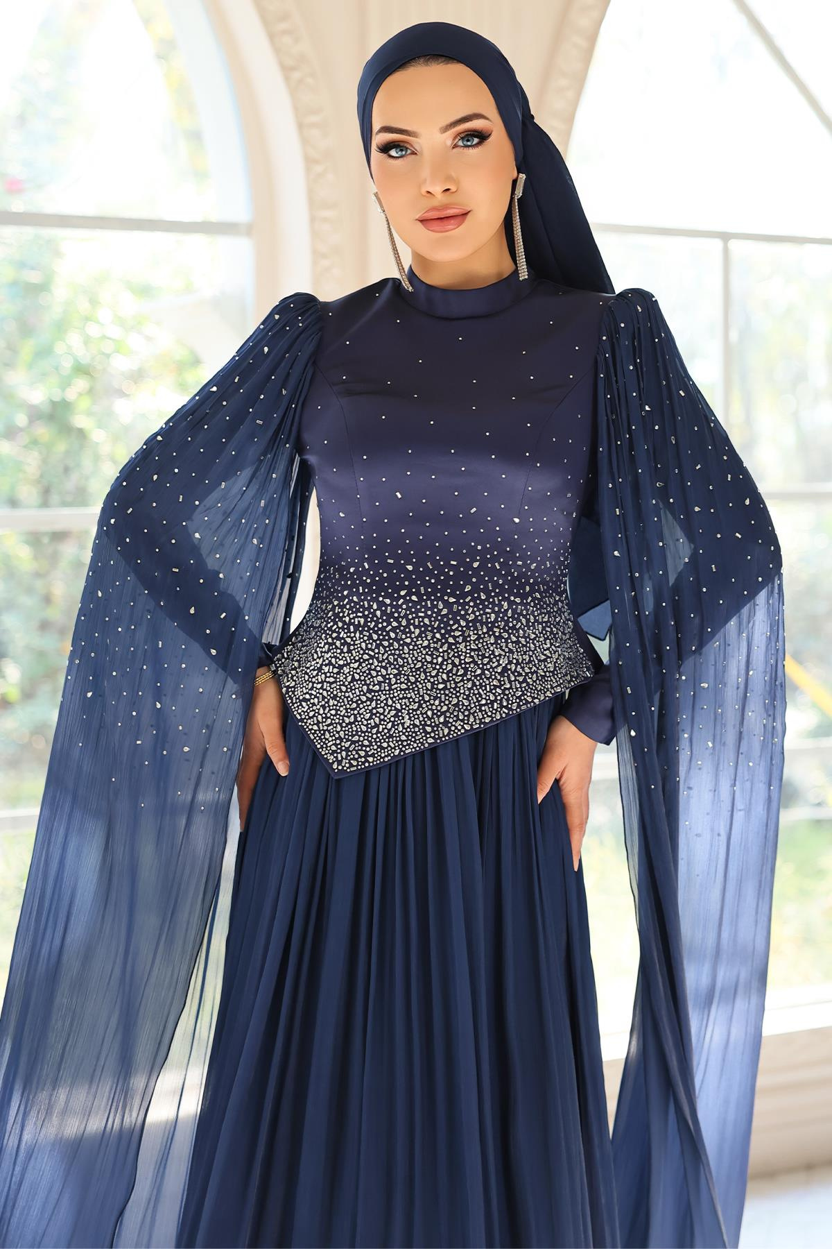 Taş Bezeli Pilise ve Pelerin Detaylı Saten-Yoryo İpek Tesettür Abiye Elbise LACİVERT 1054