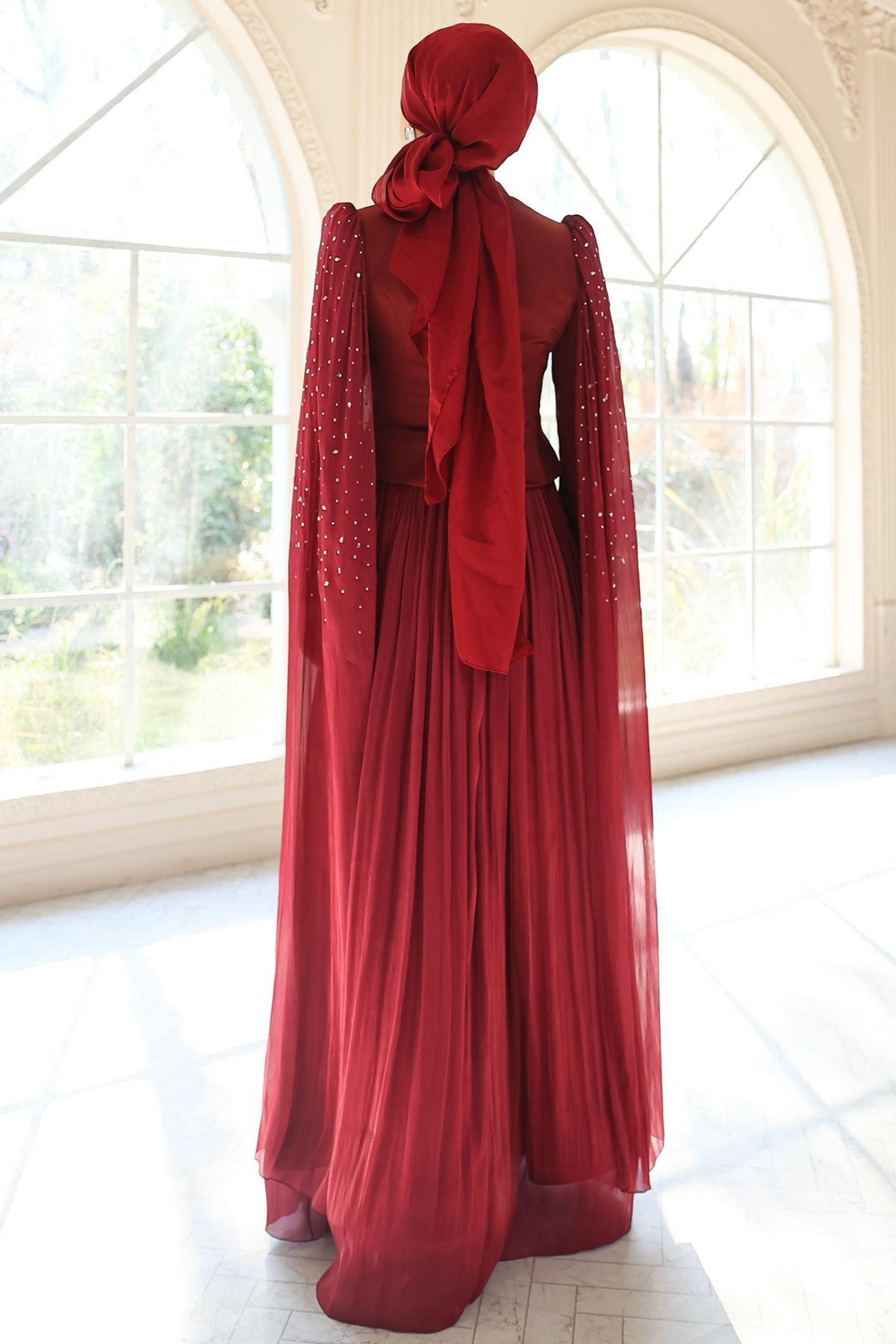 Taş Bezeli Pilise ve Pelerin Detaylı Saten-Yoryo İpek Tesettür Abiye Elbise BORDO 1054