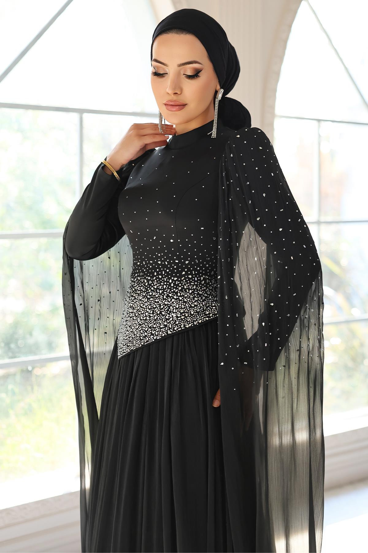 Taş Bezeli Pilise ve Pelerin Detaylı Saten-Yoryo İpek Tesettür Abiye Elbise SİYAH 1054