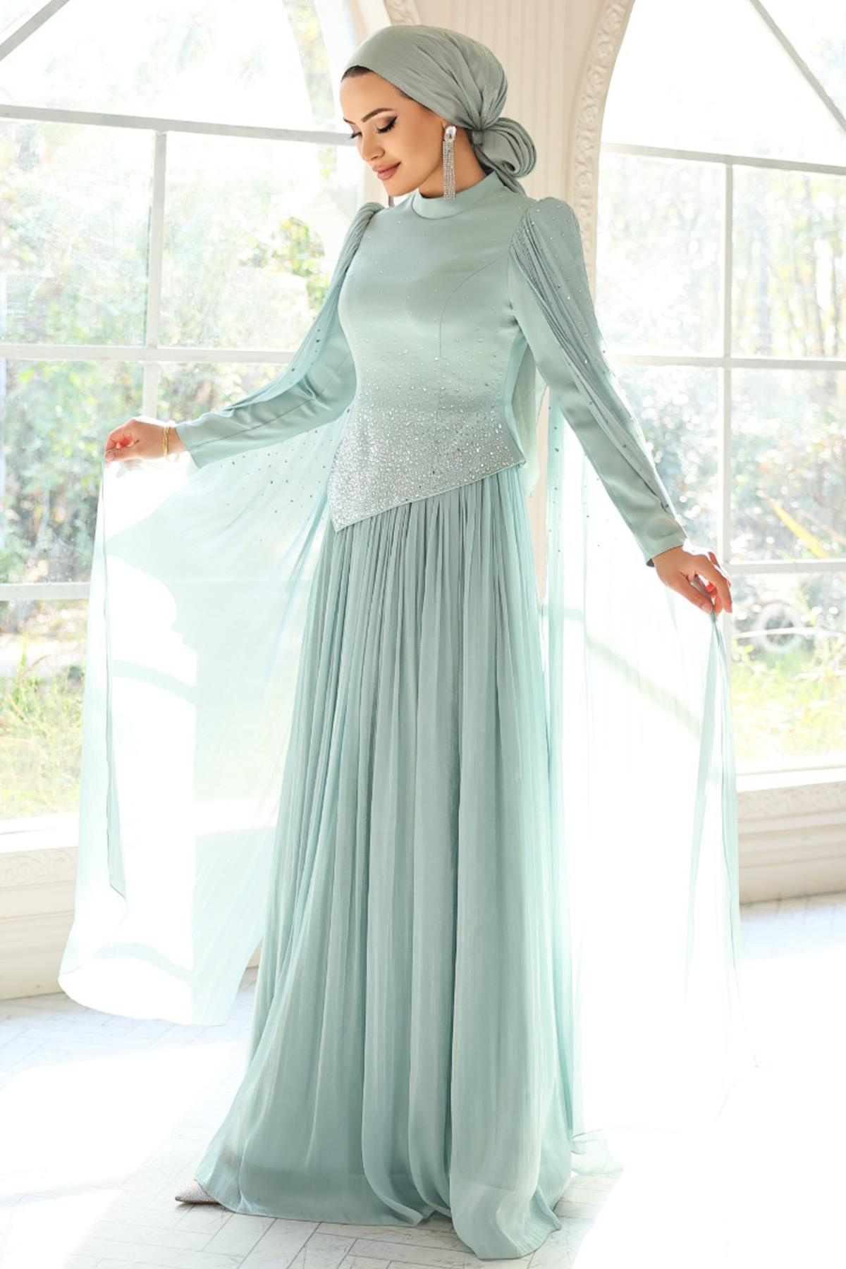 Taş Bezeli Pilise ve Pelerin Detaylı Saten-Yoryo İpek Tesettür Abiye Elbise MİNT 1054