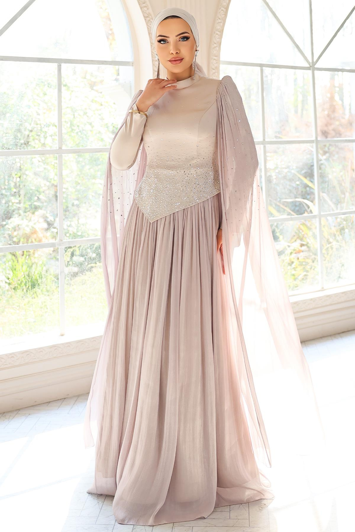 Taş Bezeli Pilise ve Pelerin Detaylı Saten-Yoryo İpek Tesettür Abiye Elbise TAŞ 1054