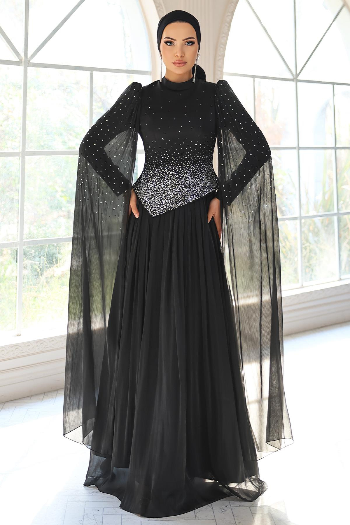 Taş Bezeli Pilise ve Pelerin Detaylı Saten-Yoryo İpek Tesettür Abiye Elbise SİYAH 1054