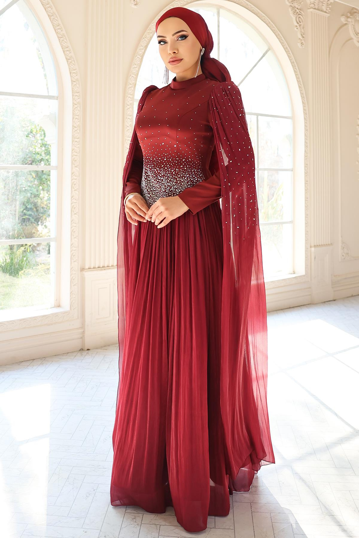 Taş Bezeli Pilise ve Pelerin Detaylı Saten-Yoryo İpek Tesettür Abiye Elbise BORDO 1054