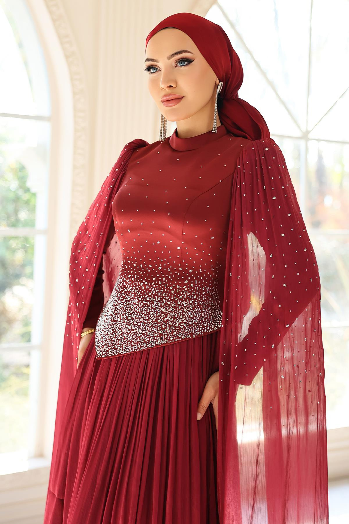 Taş Bezeli Pilise ve Pelerin Detaylı Saten-Yoryo İpek Tesettür Abiye Elbise BORDO 1054