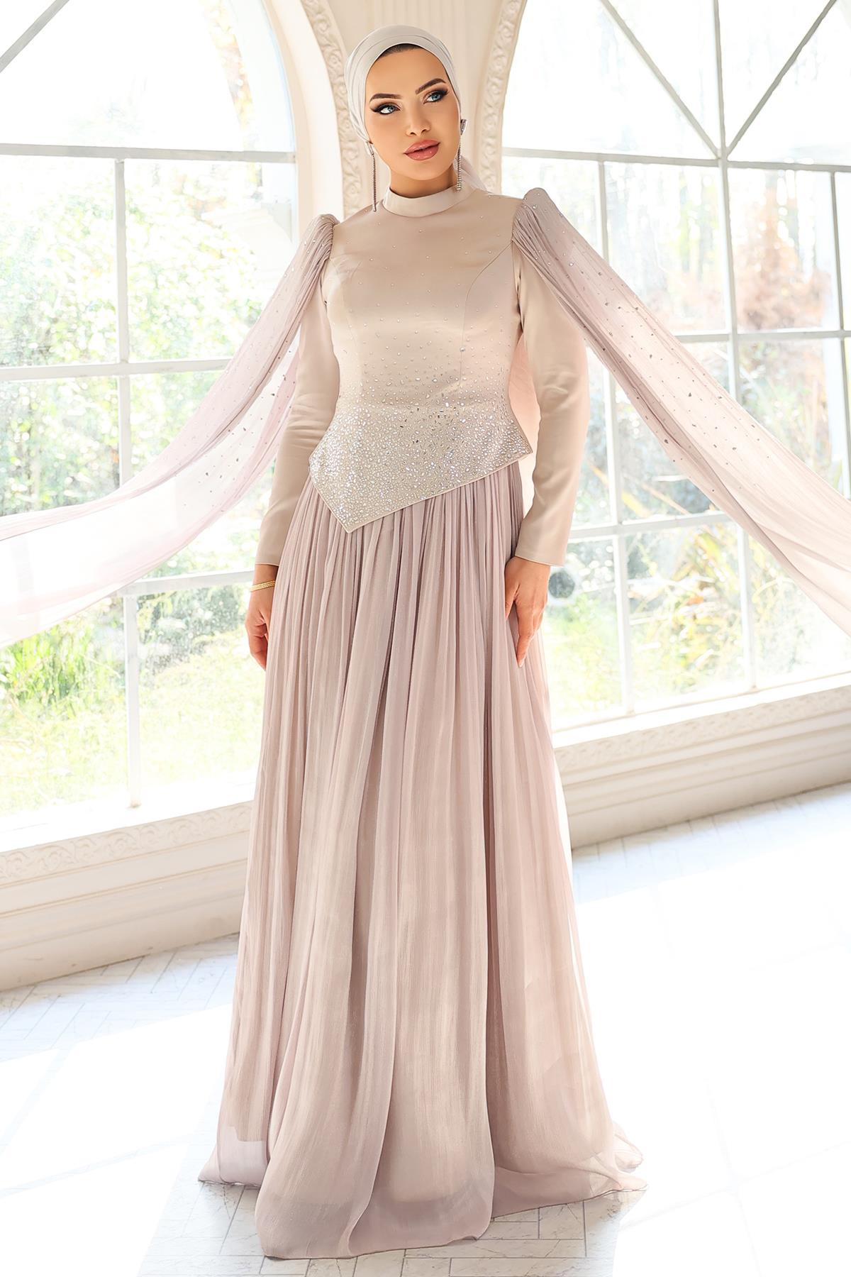 Taş Bezeli Pilise ve Pelerin Detaylı Saten-Yoryo İpek Tesettür Abiye Elbise TAŞ 1054