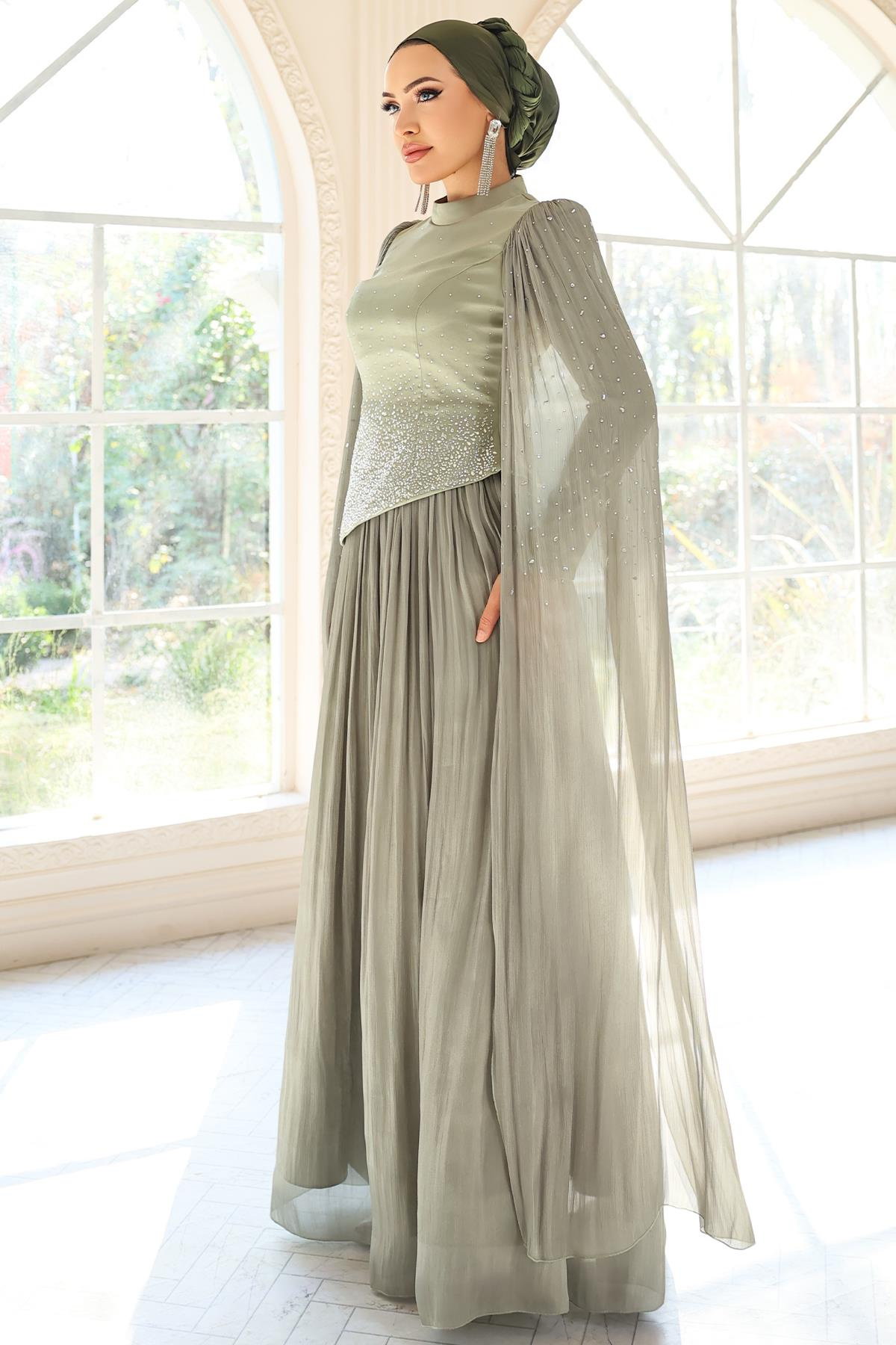 Taş Bezeli Pilise ve Pelerin Detaylı Saten-Yoryo İpek Tesettür Abiye Elbise AÇIK YEŞİL 1054