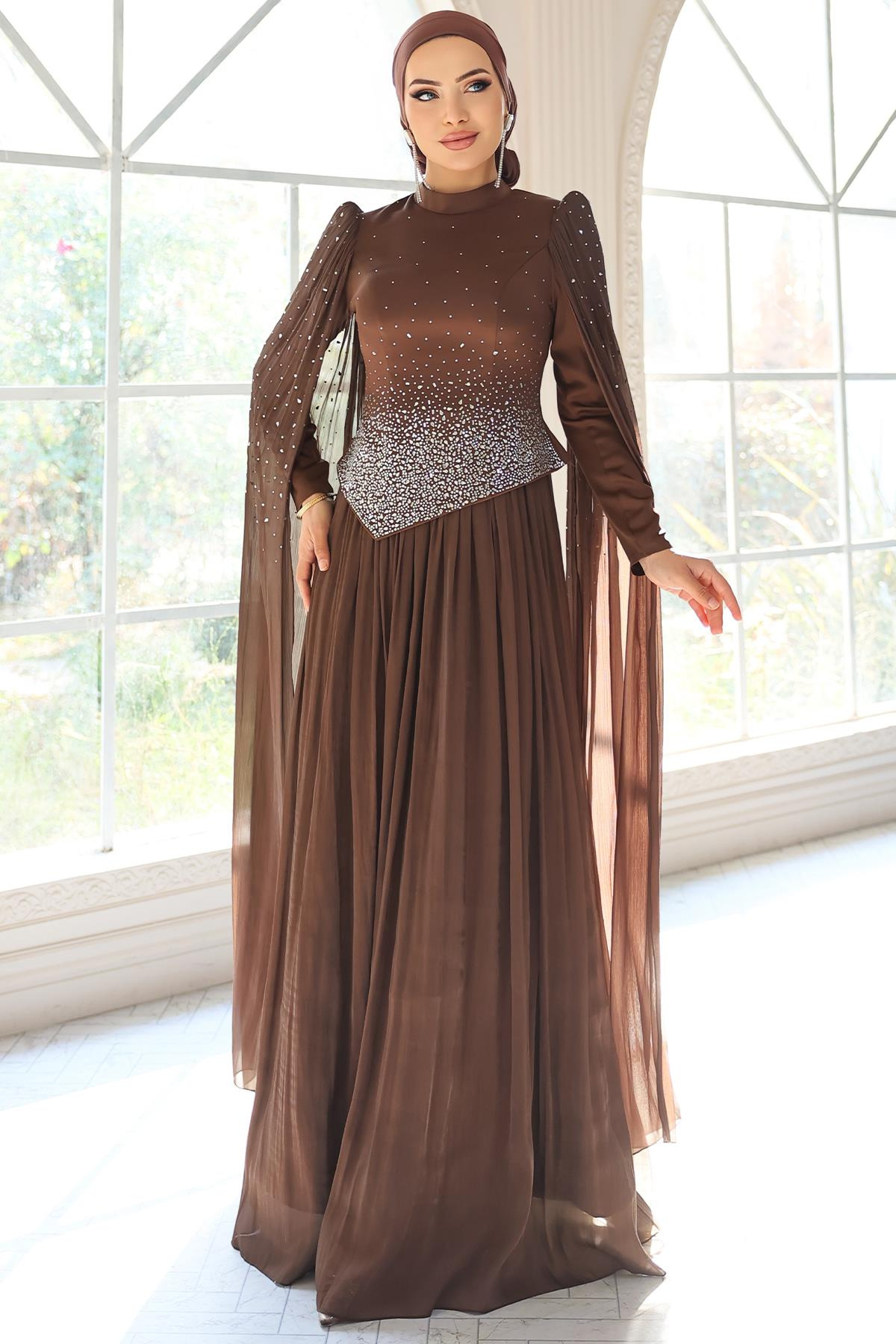 Taş Bezeli Pilise ve Pelerin Detaylı Saten-Yoryo İpek Tesettür Abiye Elbise KAHVE 1054