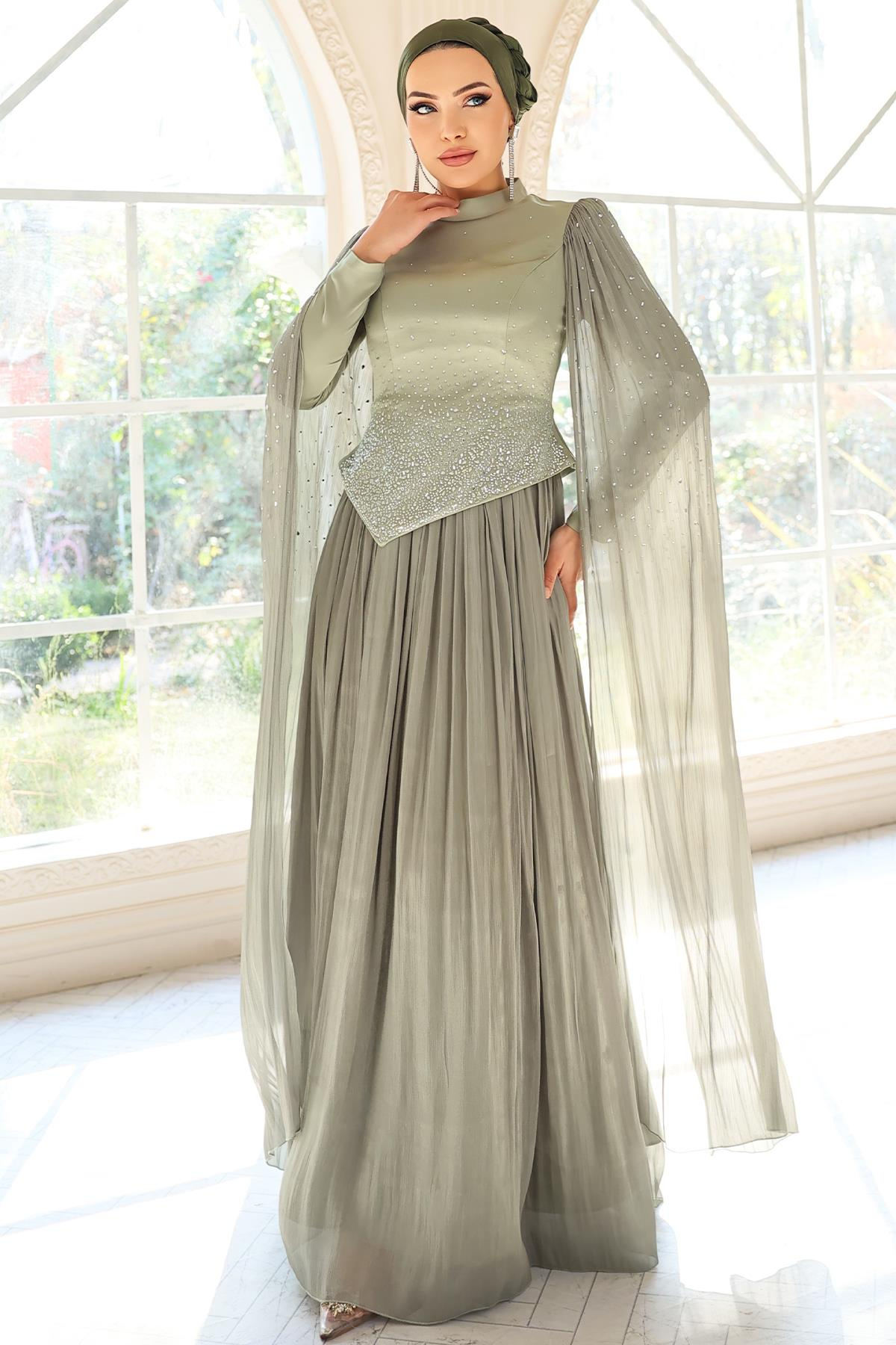 Taş Bezeli Pilise ve Pelerin Detaylı Saten-Yoryo İpek Tesettür Abiye Elbise AÇIK YEŞİL 1054