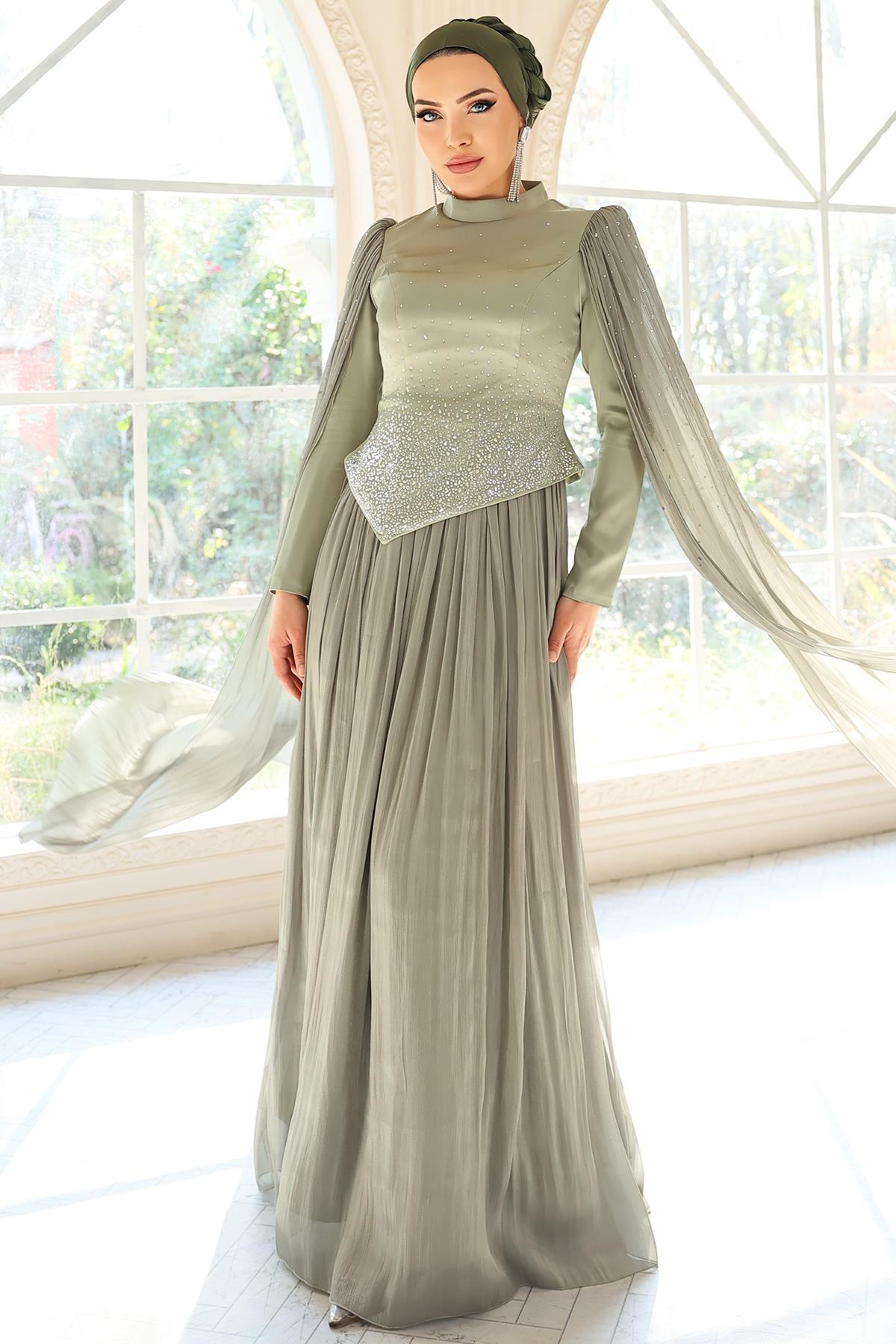 Taş Bezeli Pilise ve Pelerin Detaylı Saten-Yoryo İpek Tesettür Abiye Elbise AÇIK YEŞİL 1054