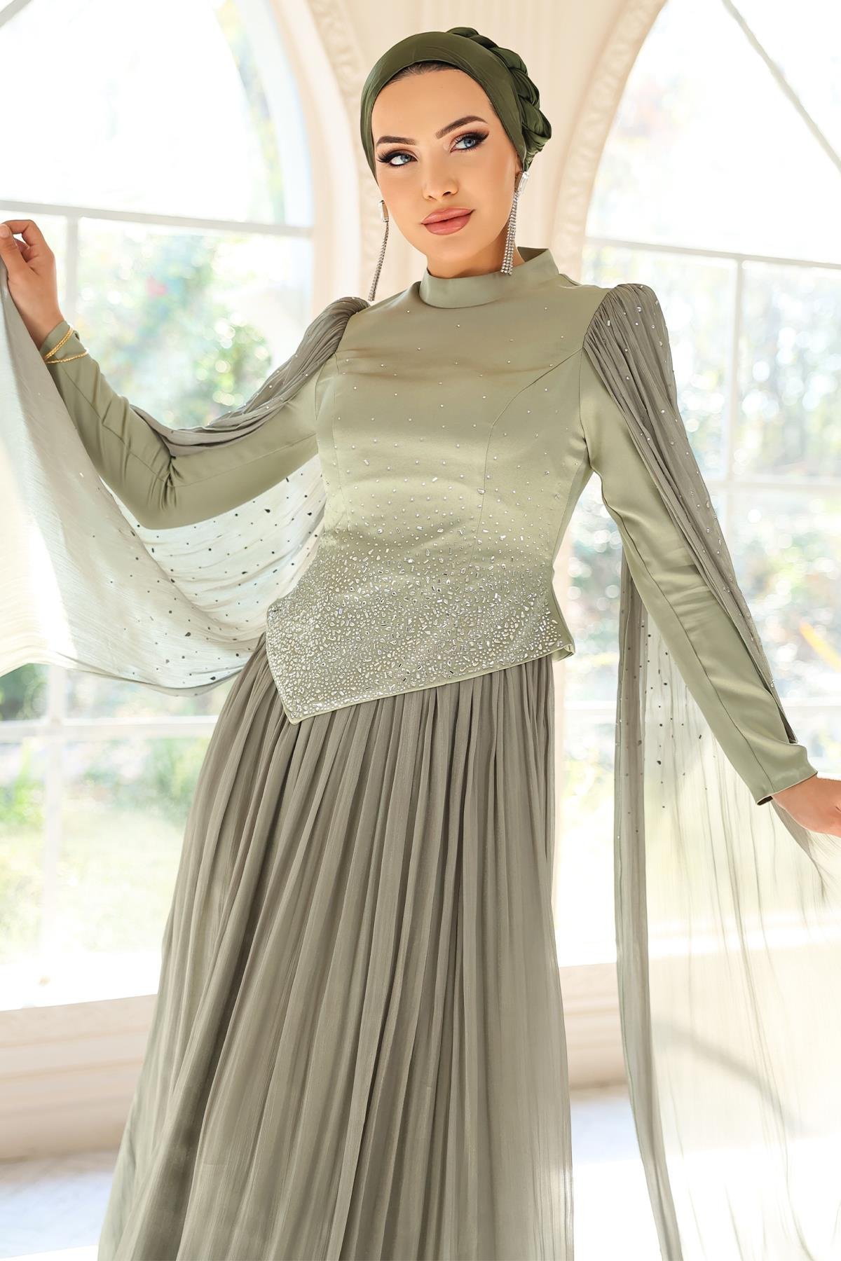 Taş Bezeli Pilise ve Pelerin Detaylı Saten-Yoryo İpek Tesettür Abiye Elbise AÇIK YEŞİL 1054