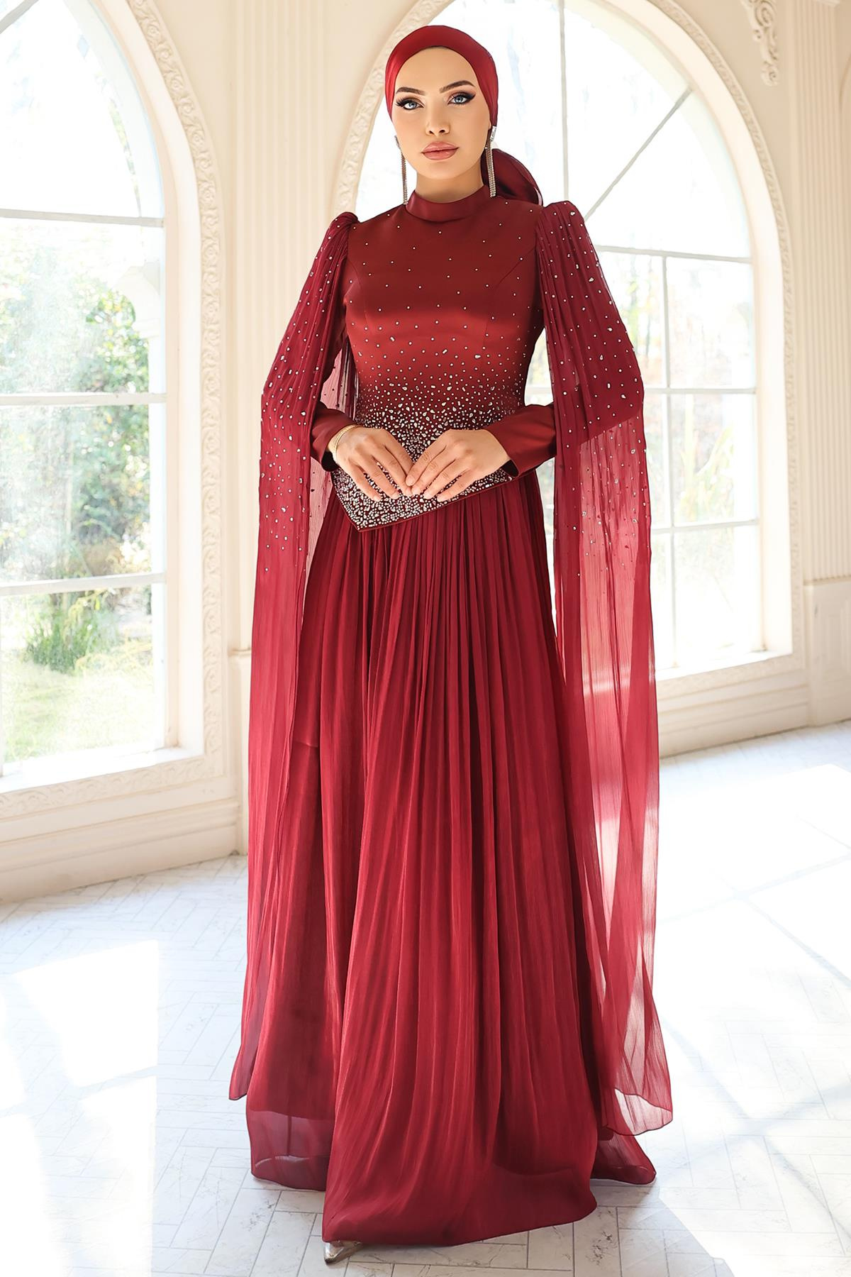 Taş Bezeli Pilise ve Pelerin Detaylı Saten-Yoryo İpek Tesettür Abiye Elbise BORDO 1054