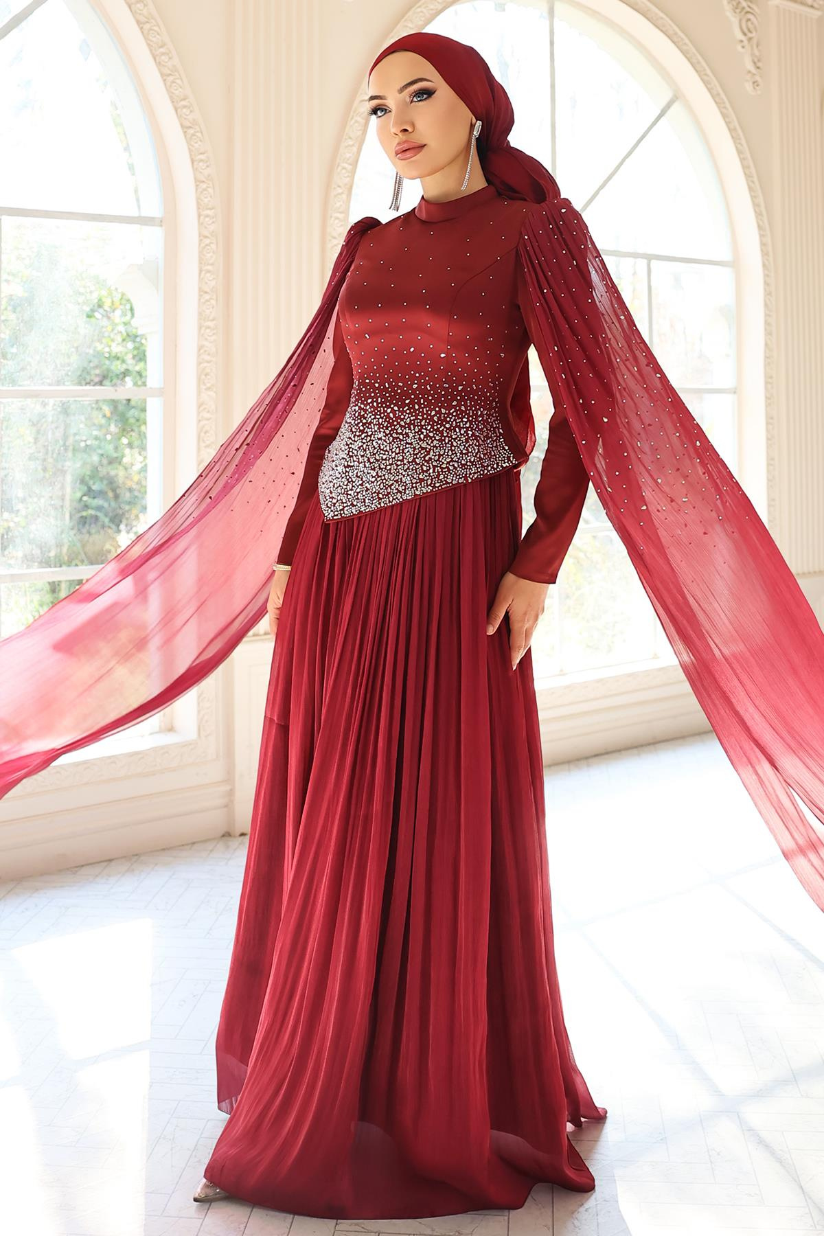 Taş Bezeli Pilise ve Pelerin Detaylı Saten-Yoryo İpek Tesettür Abiye Elbise BORDO 1054