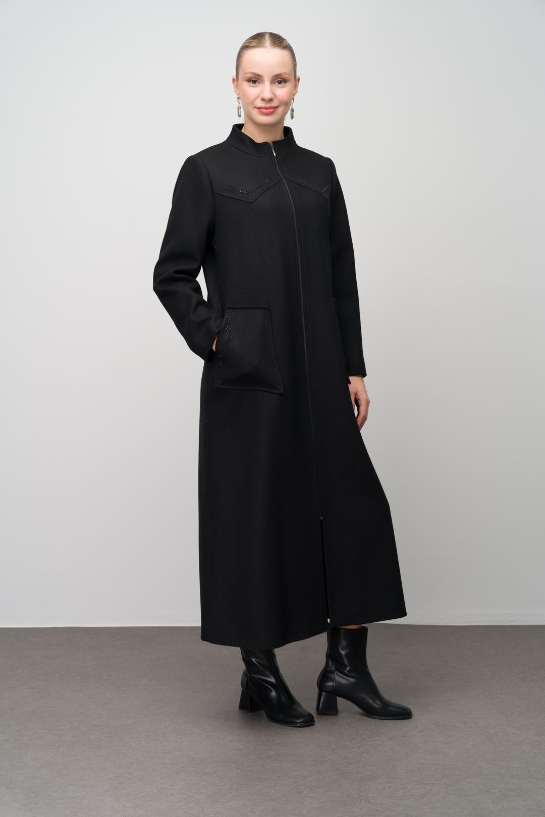 Stone Detailed Plus Size Wool Blend Long Coat BLACK 6634