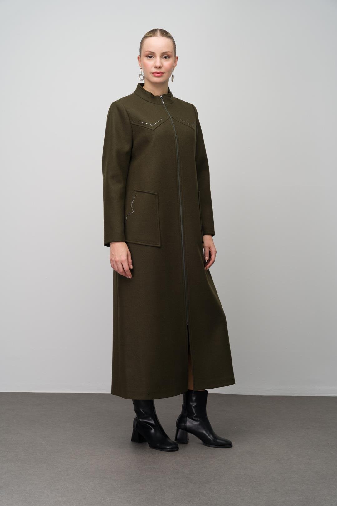 Stone Detailed Plus Size Wool Blend Long Coat DRAB 6634