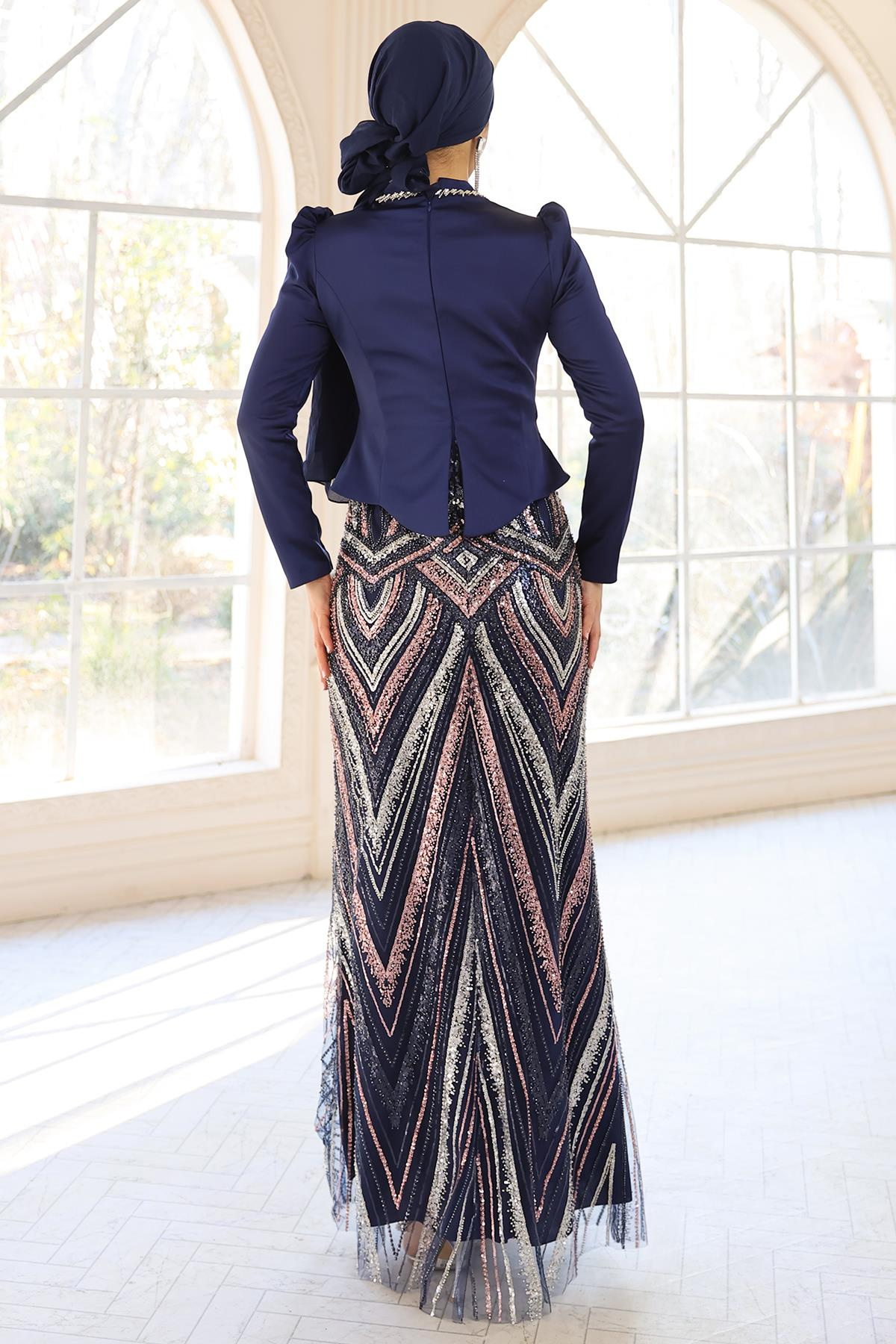 Taş Detaylı Payet ve Saten Kombinli Exclusive Tesettür Abiye Elbise LACİVERT 1061