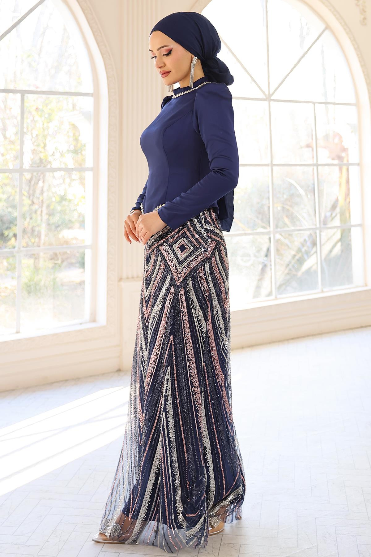 Taş Detaylı Payet ve Saten Kombinli Exclusive Tesettür Abiye Elbise LACİVERT 1061