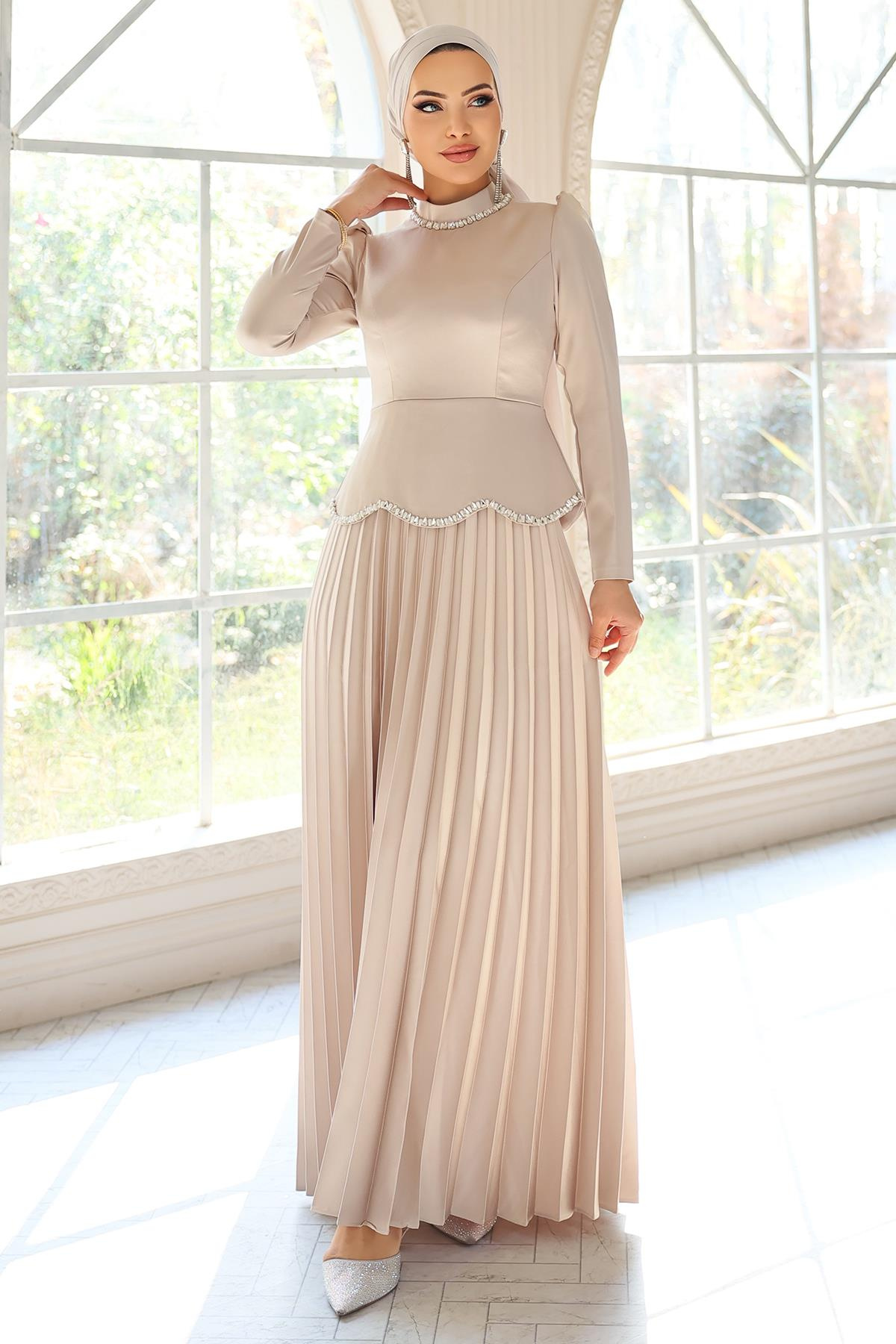 Taş ve İnci Detaylı Piliseli Saten Tesettür Abiye Elbise TAŞ 1682