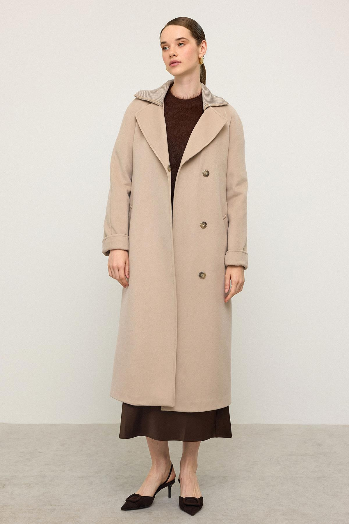 Triko Yakalı Reglan Kol Kaşmir Kaban BEJ 3099