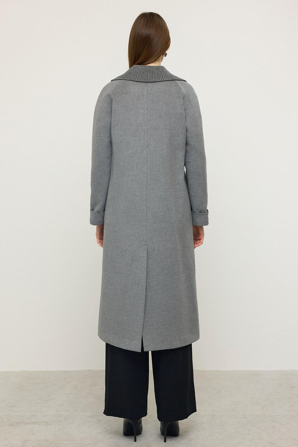 Triko Yakalı Reglan Kol Kaşmir Kaban KOYU GRİ 3099