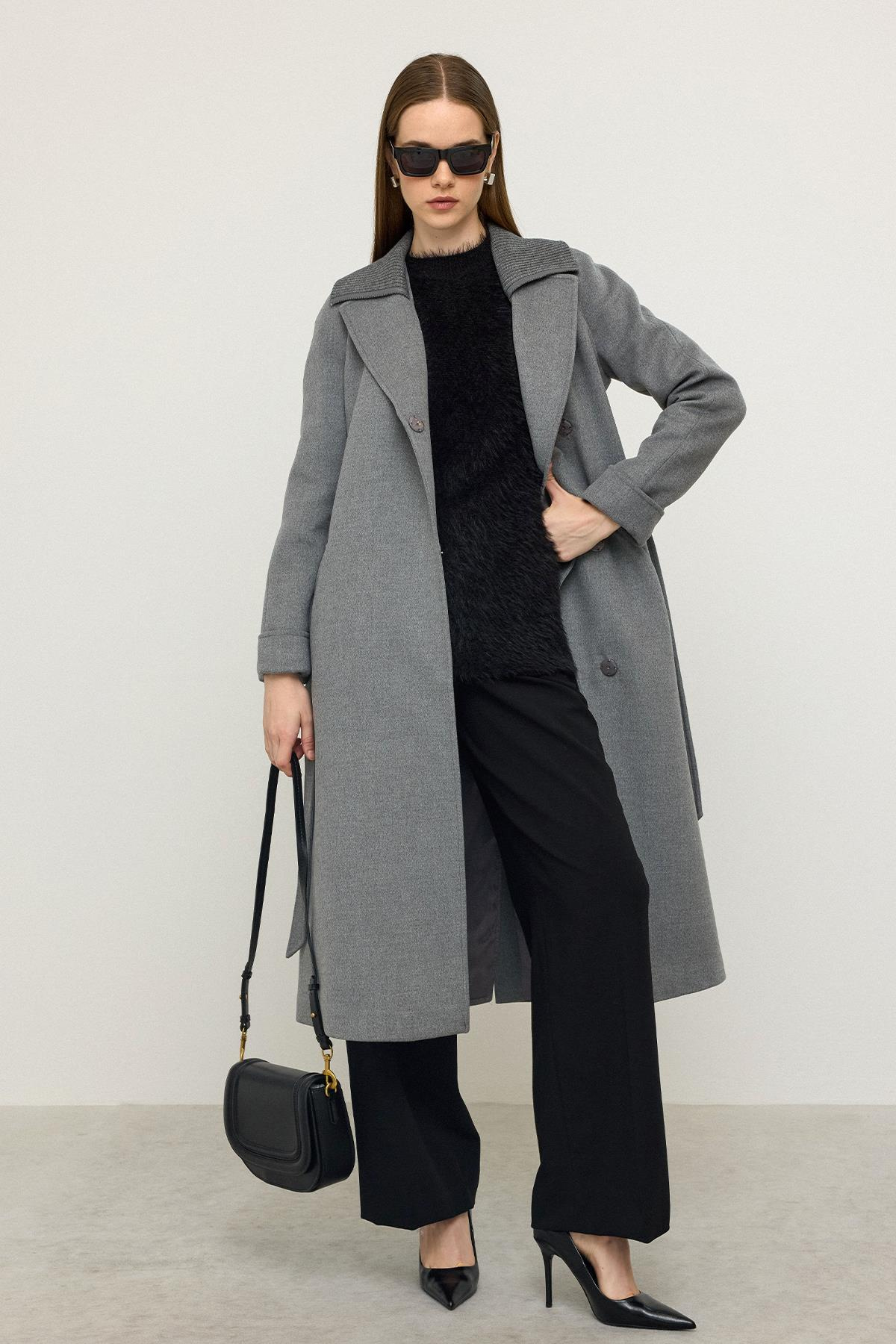 Triko Yakalı Reglan Kol Kaşmir Kaban KOYU GRİ 3099