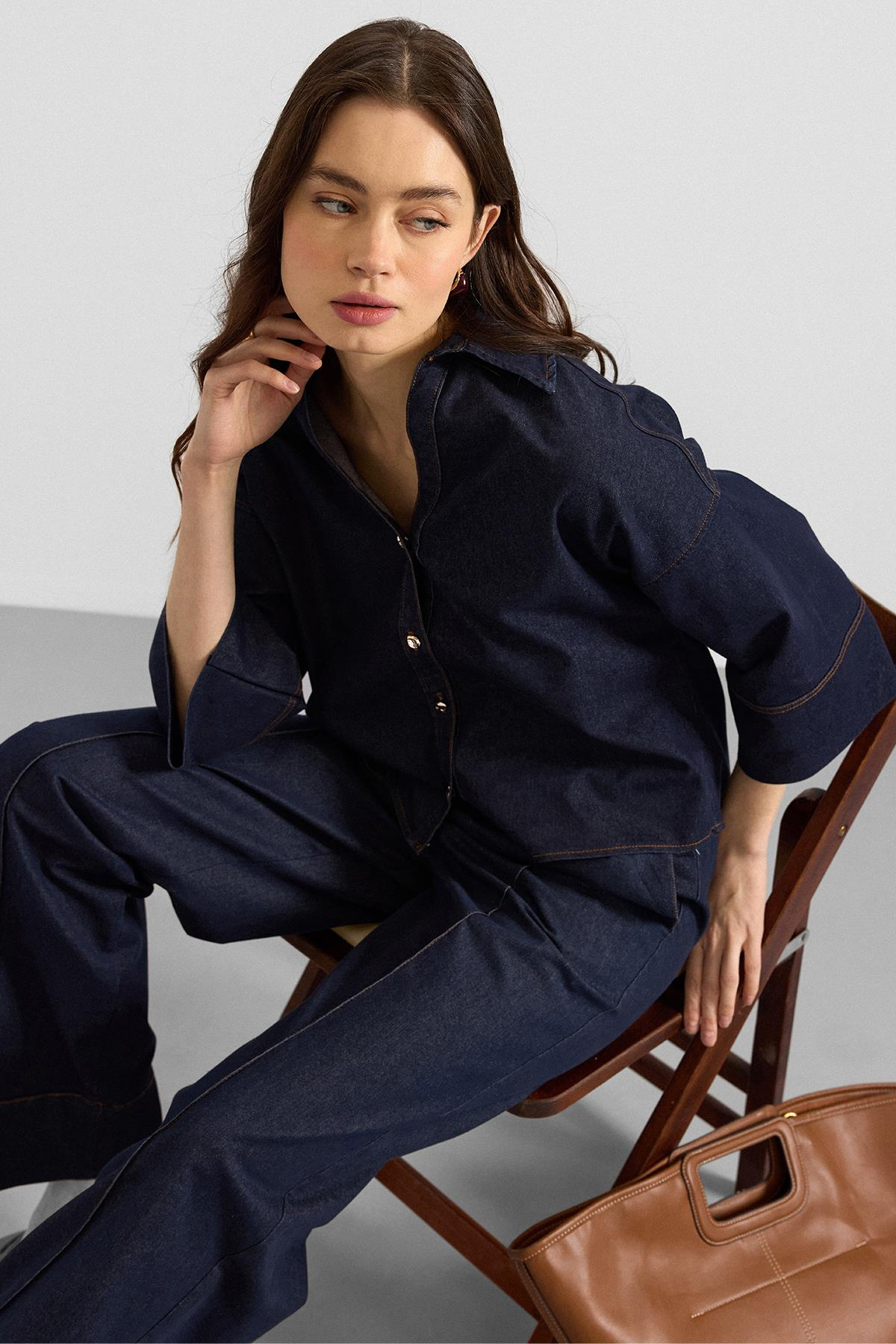 Truvakar Kol Ceket Pantolon Denim İkili Takım LACİVERT 9415-TK